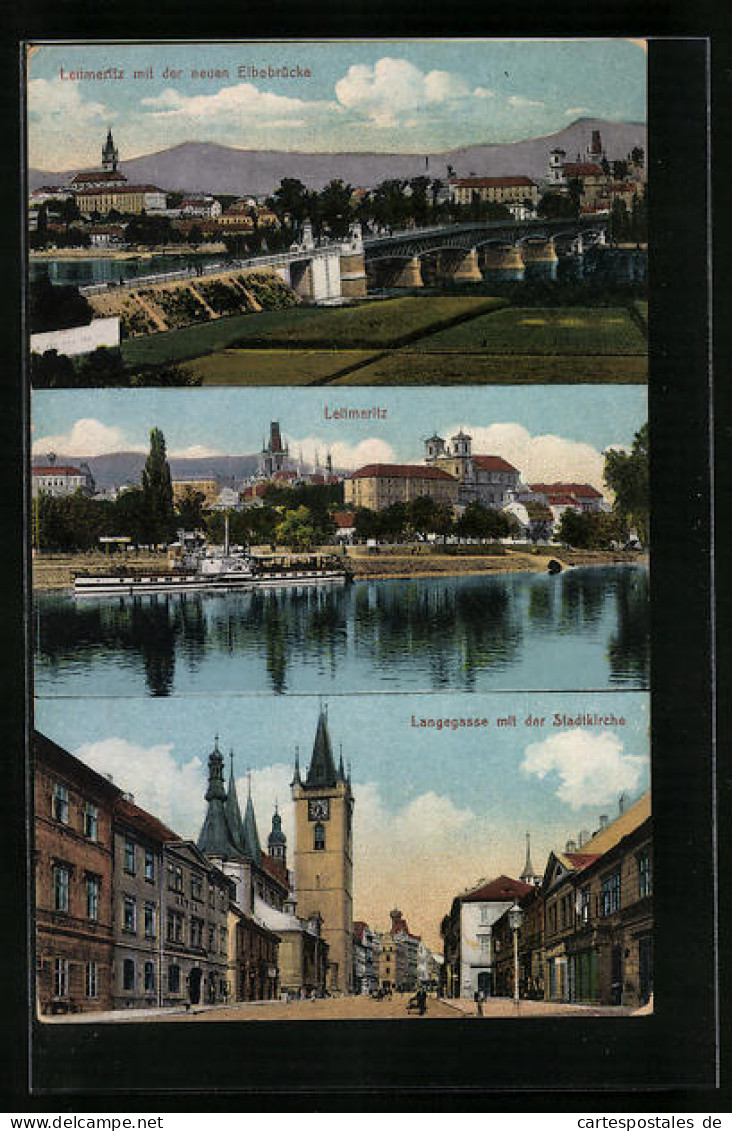 AK Leitmeritz, Langegasse Mit Stadtkirche, Panorama Mit Neuer Elbebrücke  - Tschechische Republik