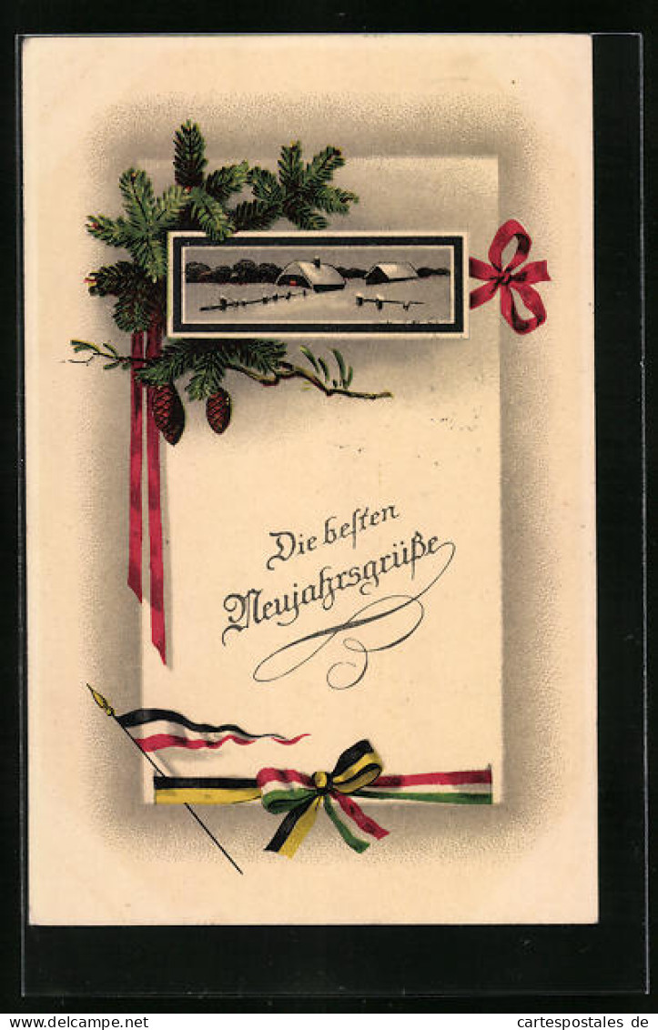 AK Neujahrsgrüsse Mit Tannennadeln Und Darstellung Einer Verschneiten Landschaft  - War 1914-18