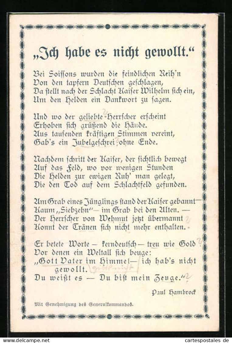 AK Gedicht Ich Habe Es Nicht Gewollt Von Paul Hambrock  - Weltkrieg 1914-18