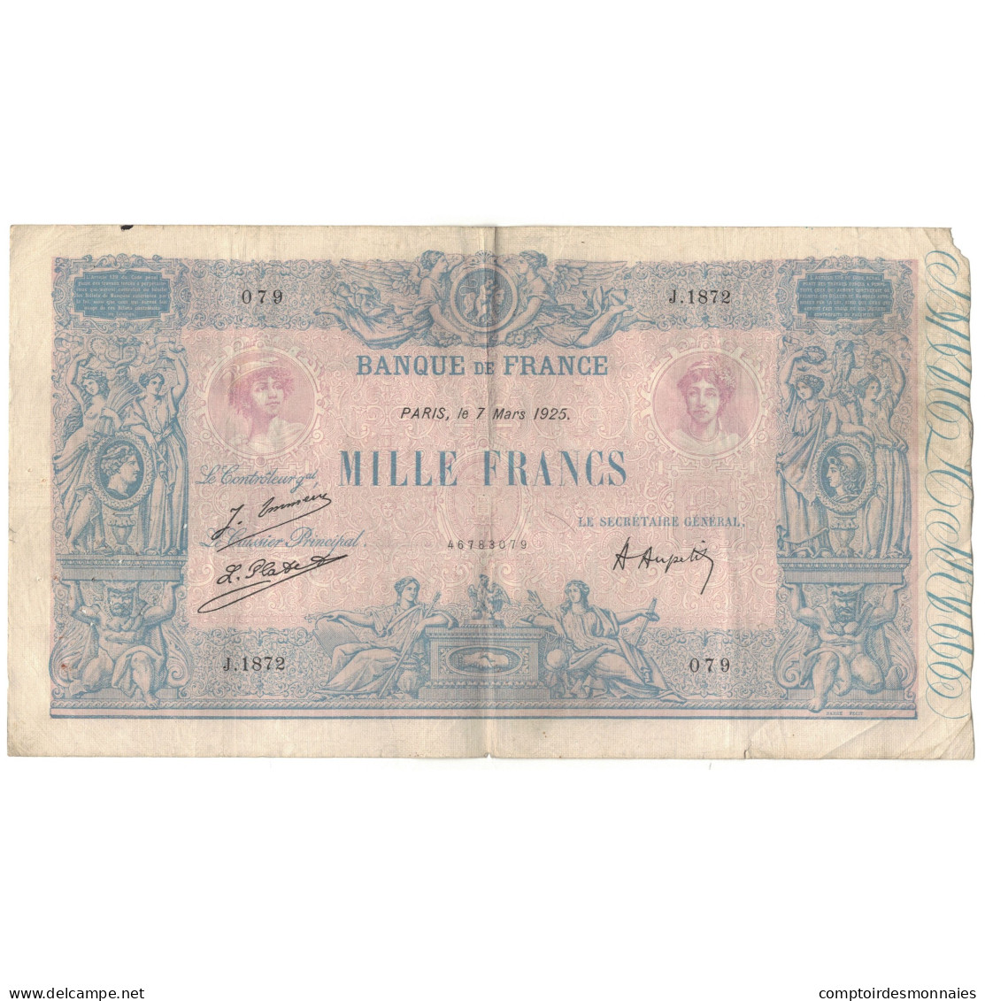 France, 1000 Francs, Bleu Et Rose, 1925, J.1872, TB, Fayette:36.41, KM:67j - 1 000 F 1889-1926 ''Bleu Et Rose''