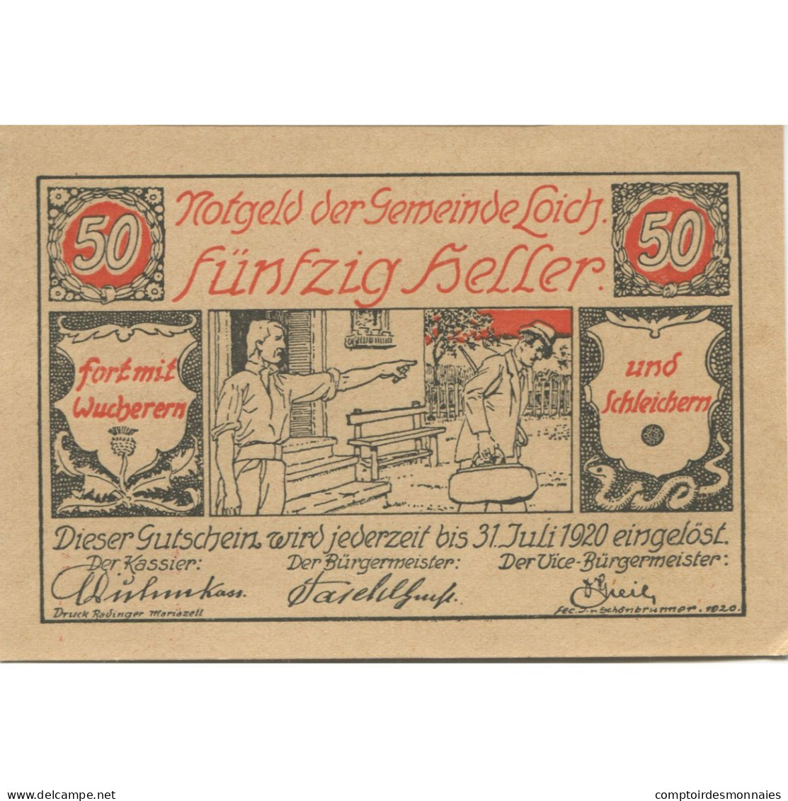 Billet, Autriche, LOICH, 50 Heller, Personnage 1920-07-31, SPL, Mehl:FS 562 - Oesterreich