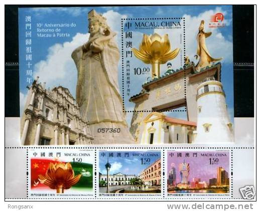 2009 MACAO 10 ANNI OF MACAO'S RETURN TO MOTHERLAND 3V STAMP +MS - Neufs