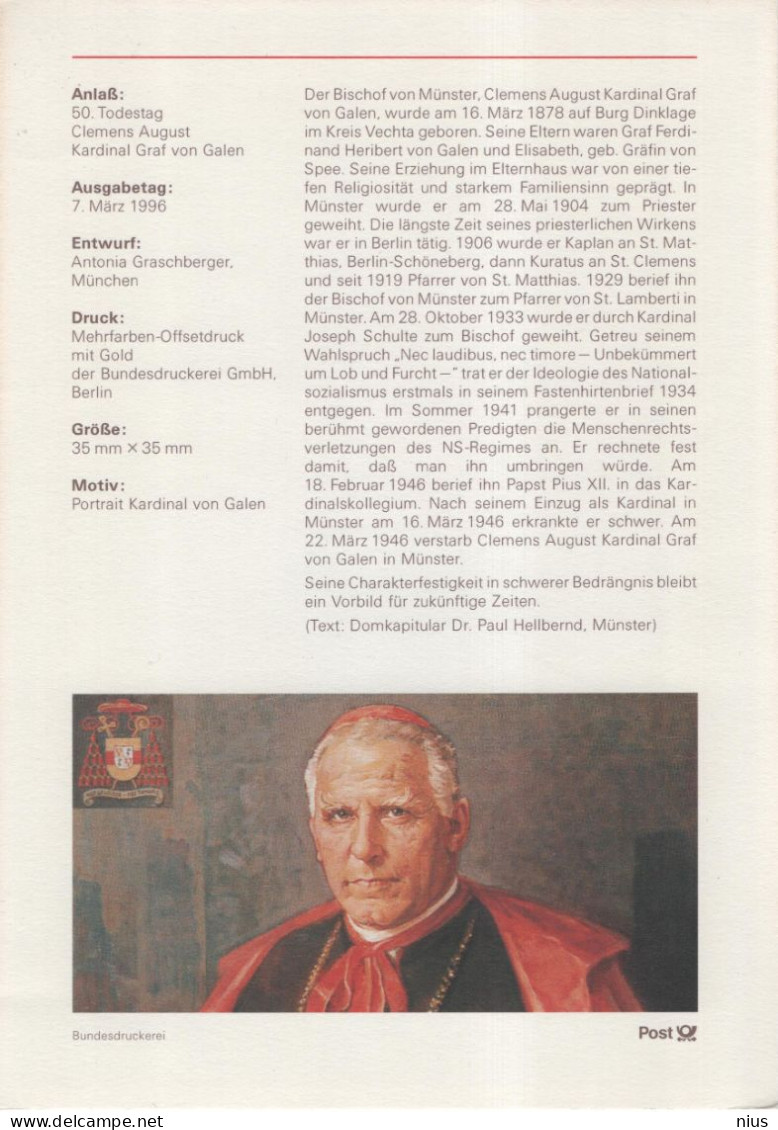 Germany Deutschland 1996-09 Clemens August Kardinal Graf Von Galen, Bischof Von Münster Und Kardinal, Canceled In Bonn - 1991-2000