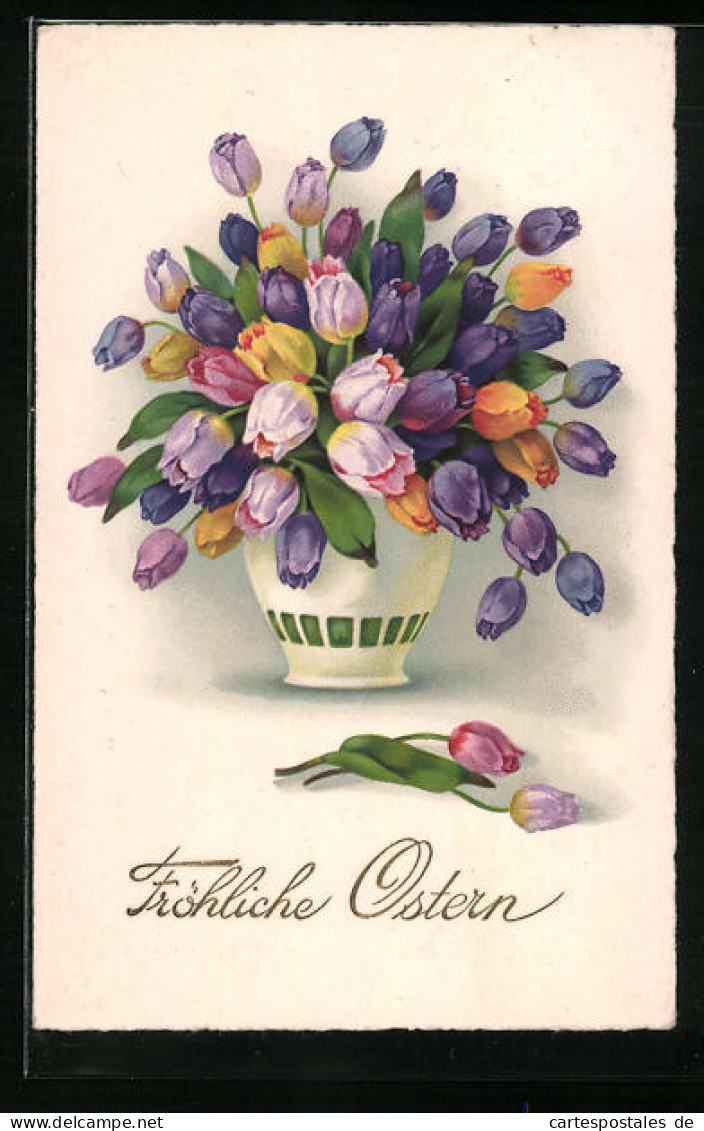 AK Bunter Tulpenstrauss In Vase, Ostergruss  - Other & Unclassified