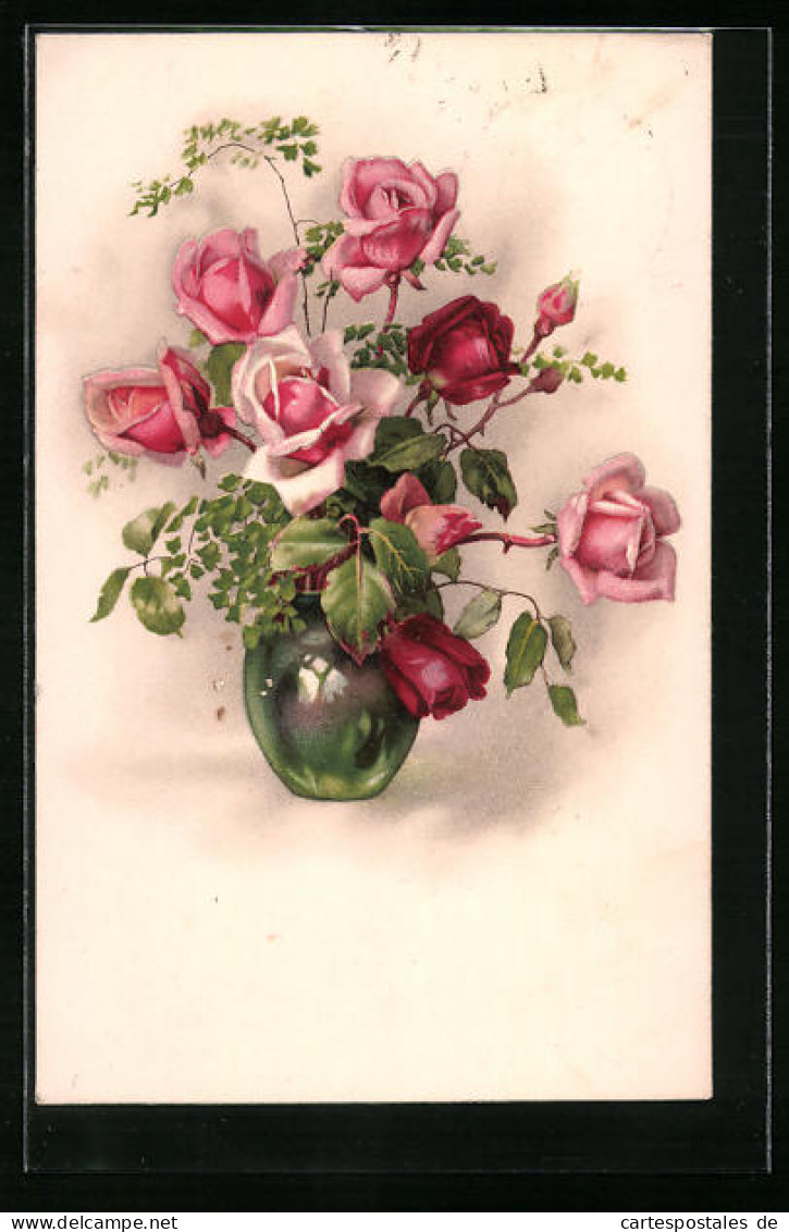 AK Rosa Und Rote Rosen Nebst Knospen In Einer Bauchigen Vase  - Andere & Zonder Classificatie