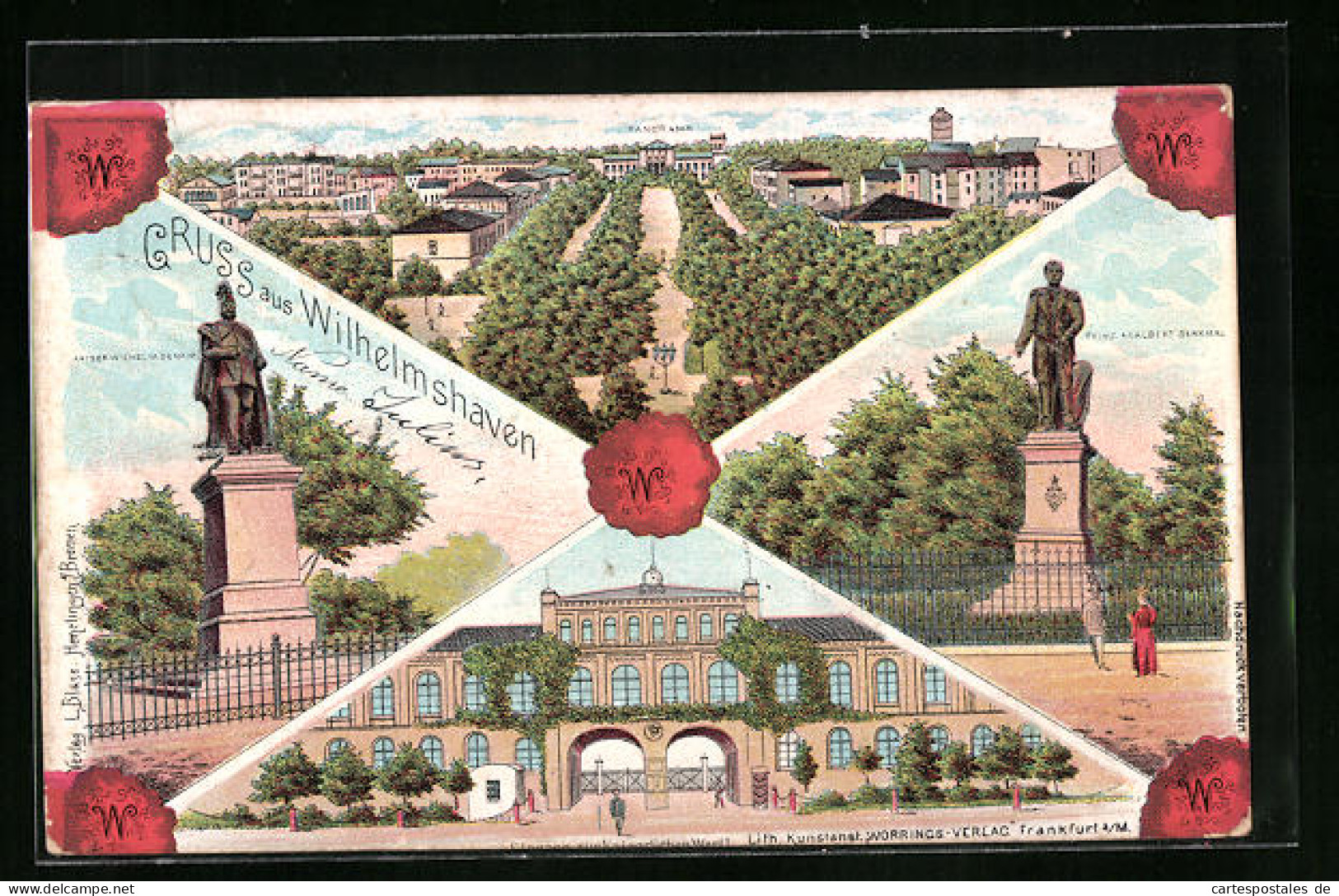 Lithographie Wilhelmshaven, Panoramaansicht Mit Prinz Adalbert Denkmal  - Wilhelmshaven