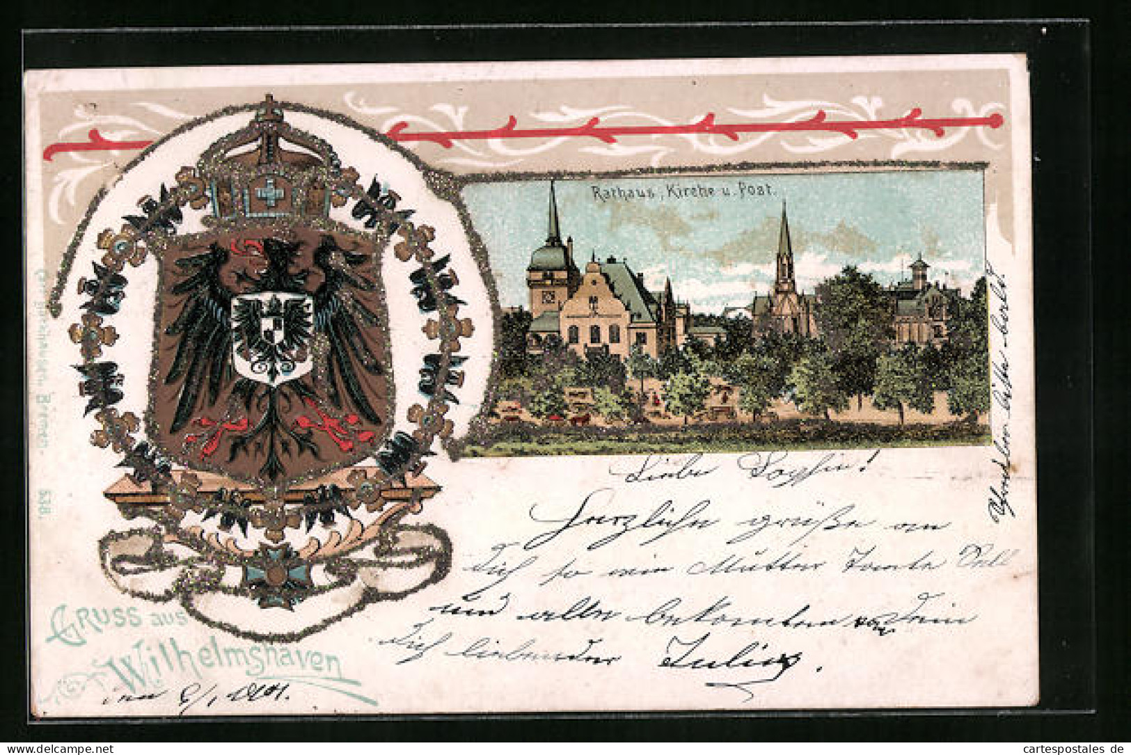 Passepartout-Lithographie Wilhelmshaven, Ortsansicht Mit Rathaus, Kirche Und Wappen  - Other & Unclassified