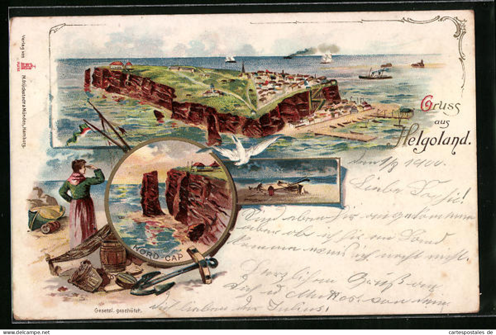Lithographie Helgoland, Ortsansicht Mit Nord-Cap  - Helgoland