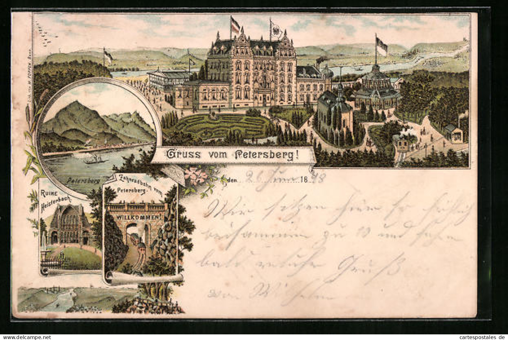 Lithographie Petersberg, Ortsansicht Mit Ruine Heisterbach Und Zahnradbahn  - Petersberg