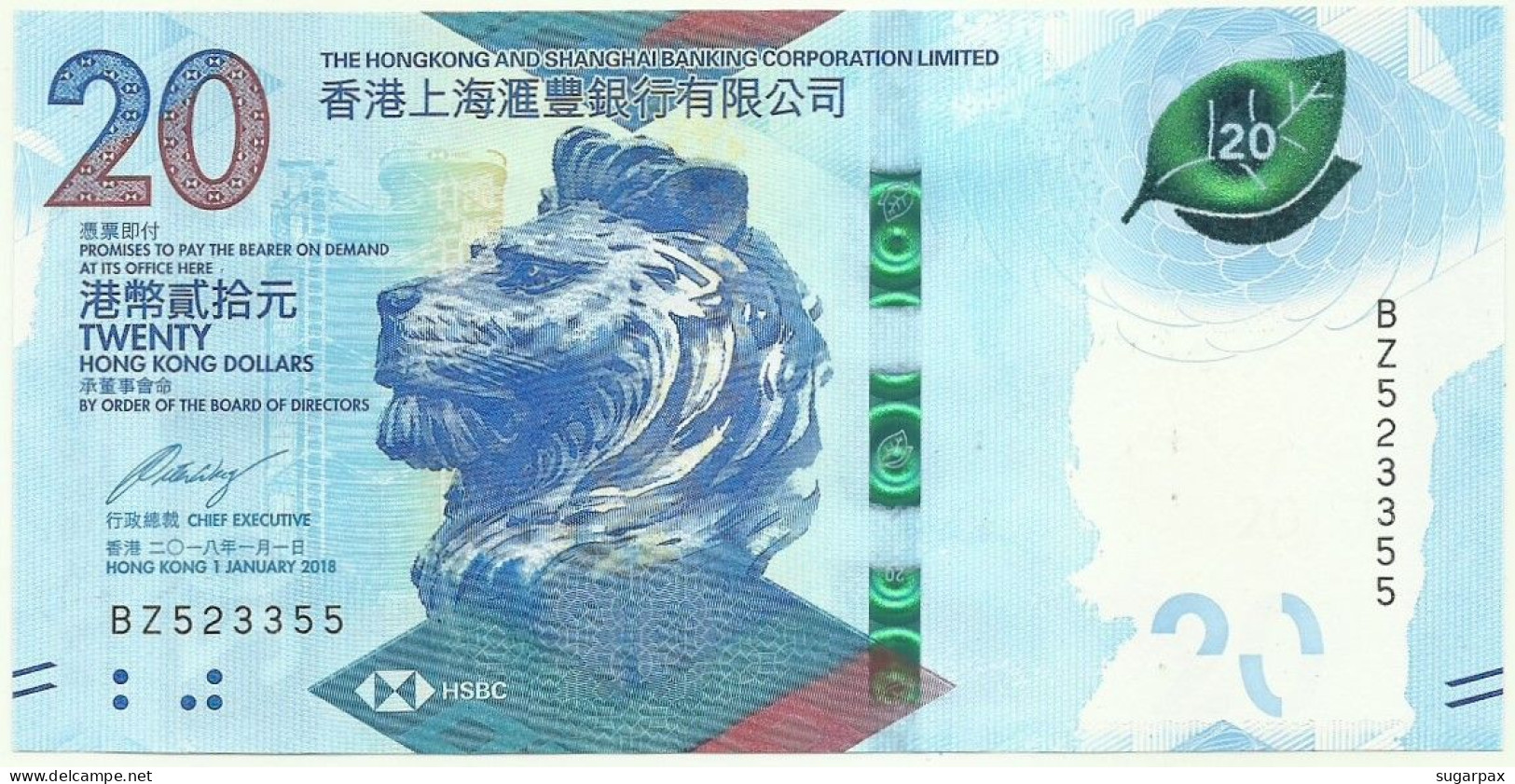 Hong Kong - 20 Dollars - 1.1.2018 ( 2020 ) - Pick: 218 - Unc. - Serie BZ - HSBC - Hong Kong