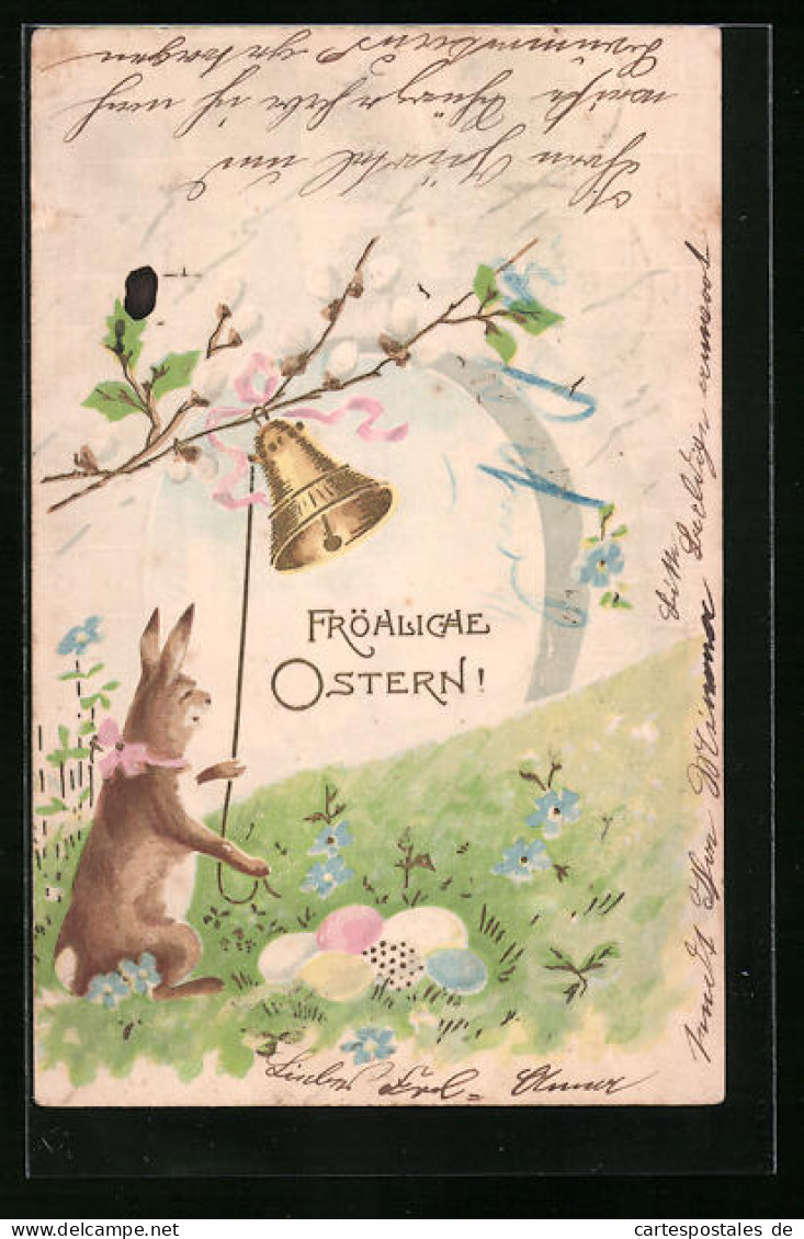 Präge-AK Osterhase Mit Glocke Und Ostereiern  - Ostern