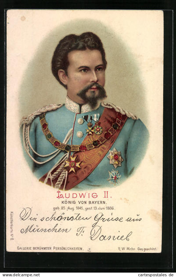 Lithographie König Ludwig II. In Prächtiger Uniform Mit Orden Und Schärpe  - Royal Families