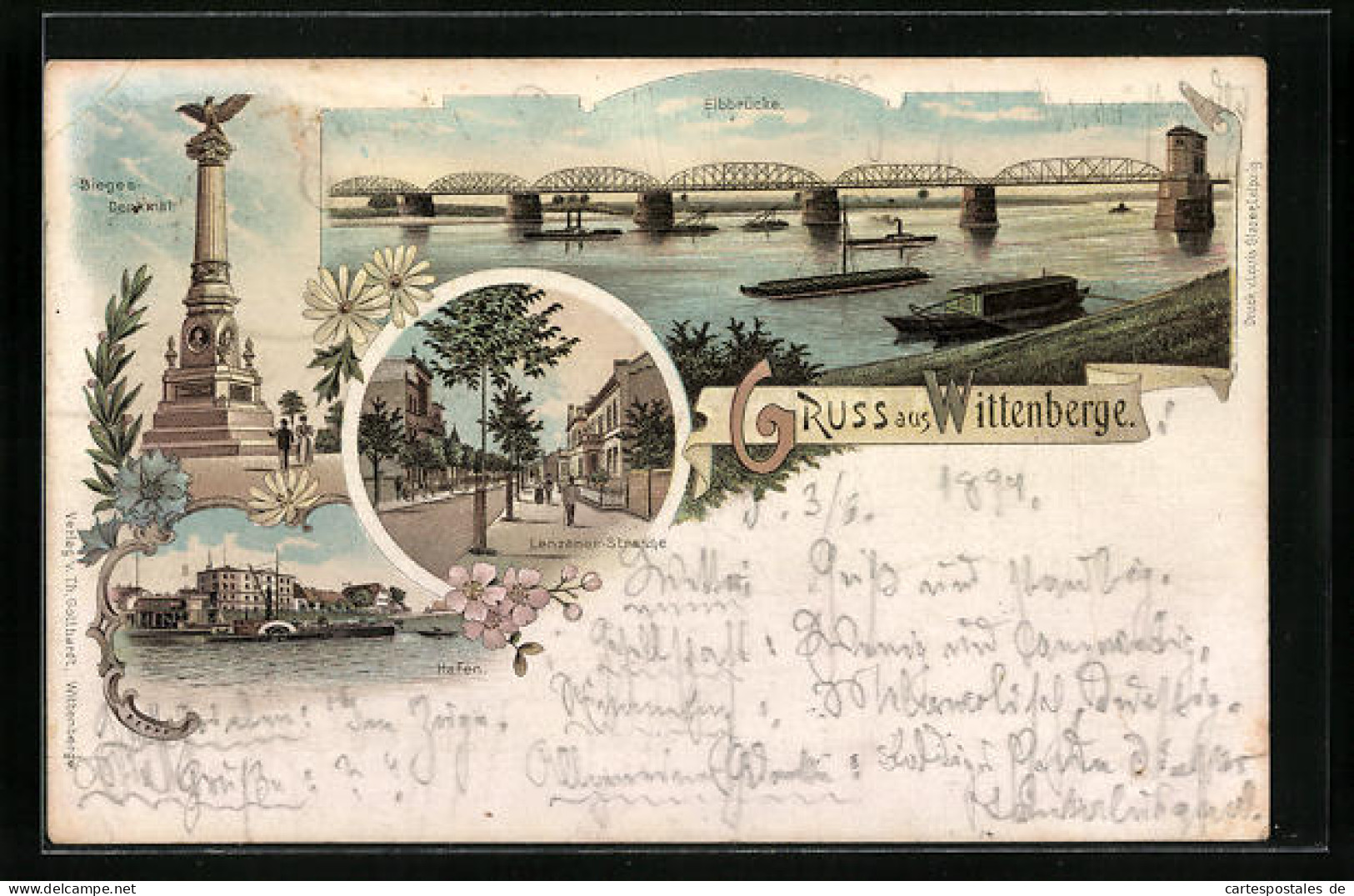 Lithographie Wittenberge, Elbbrücke, Hafen, Sieges-Denkmal  - Wittenberge