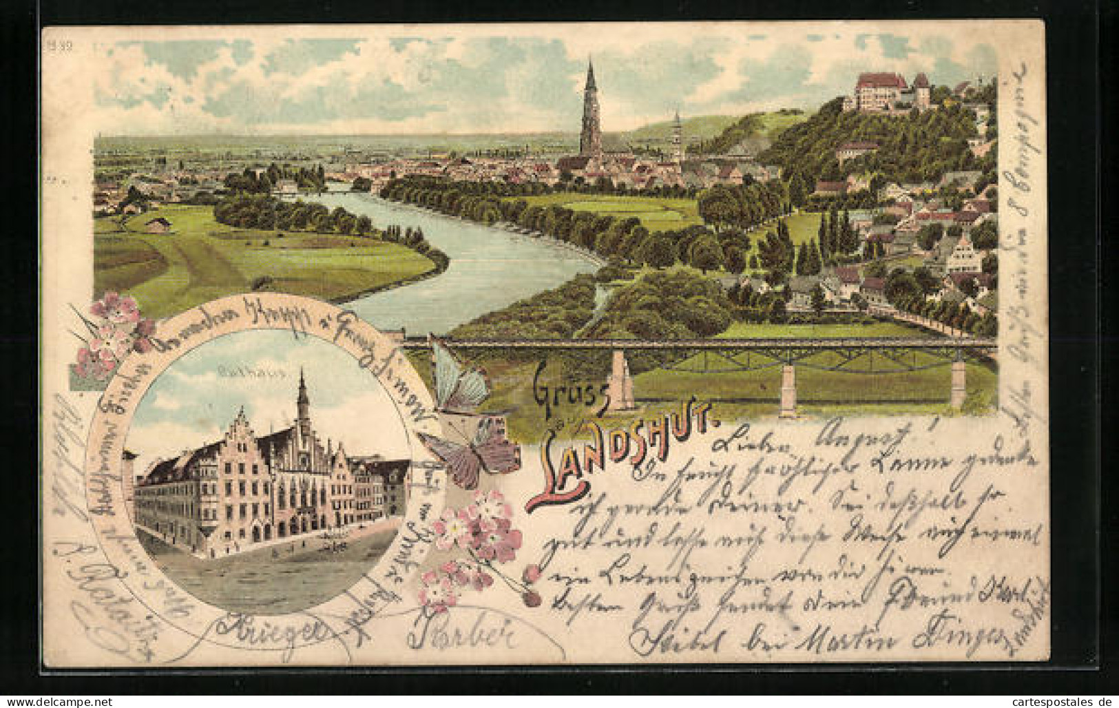 Lithographie Landshut, Teilansicht Mit Brücke, Rathaus  - Landshut