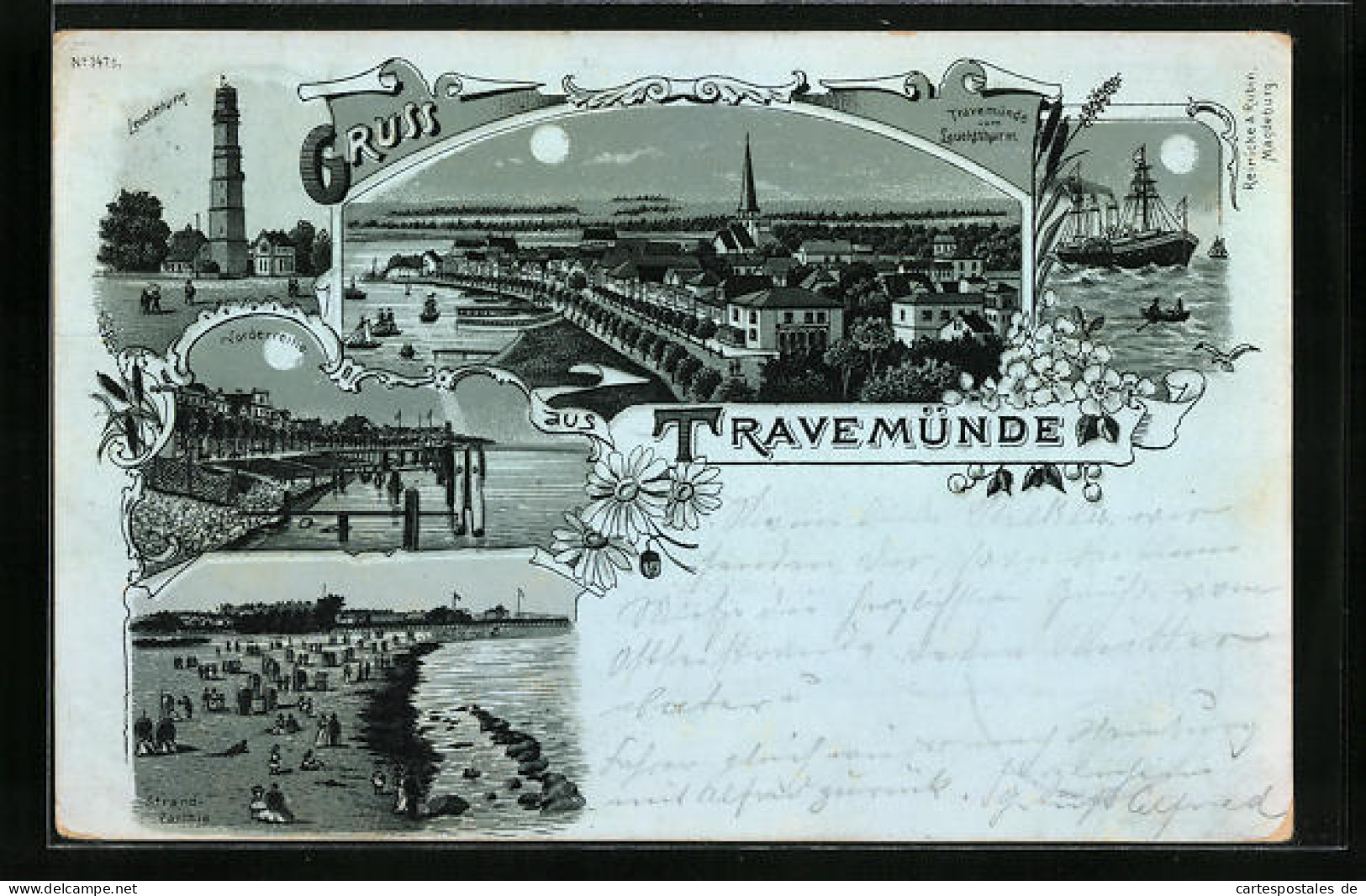 Mondschein-Lithographie Travemünde, Leuchtturm, Vorderreihe, Strandpartie  - Lübeck-Travemuende