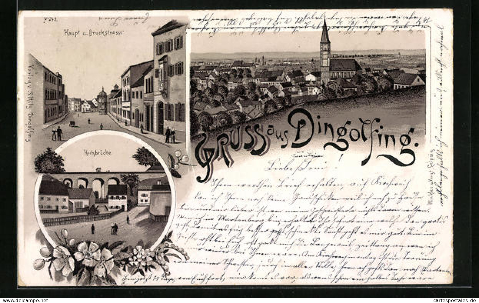Lithographie Dingolfing, Ortsansicht Mit Kirche Und Bruckstrasse  - Dingolfing
