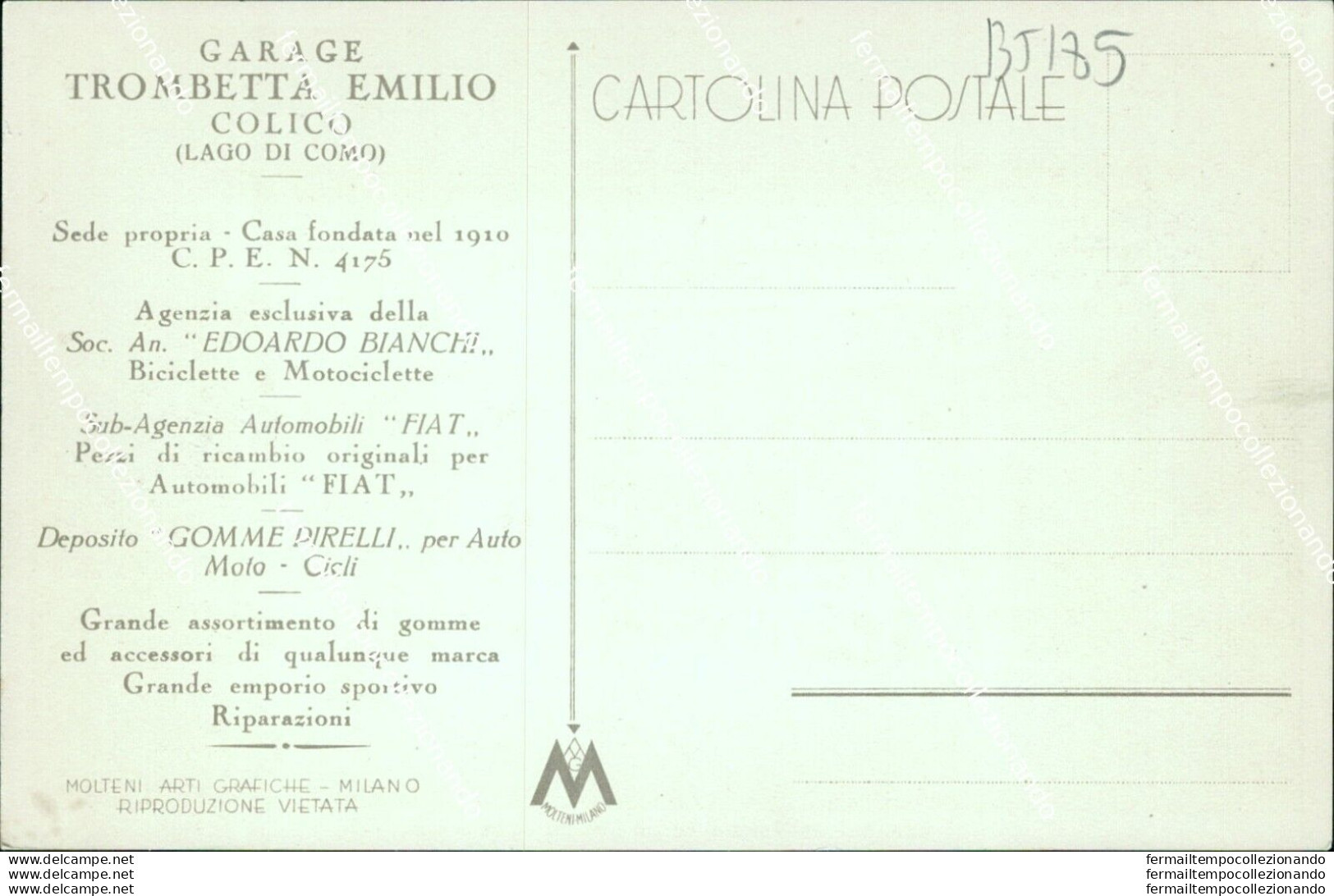 Bt185 Cartolina Colico Garage Trombetta Emilio Provincia Di Como Lombardia - Como