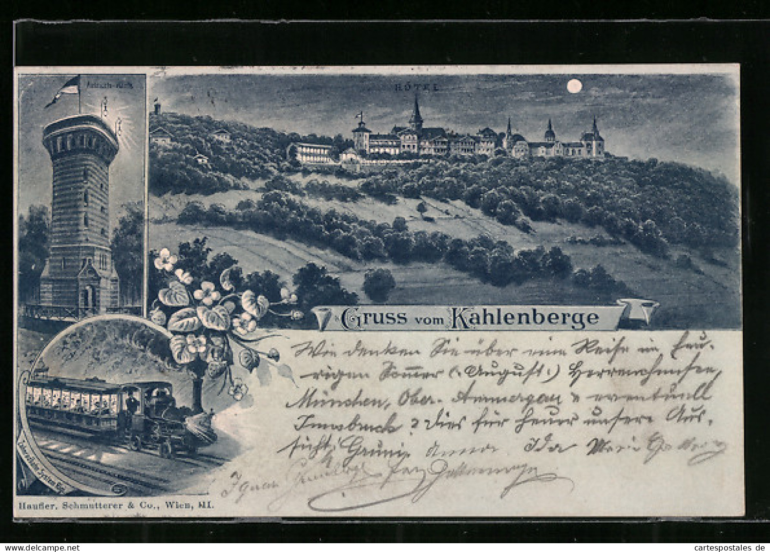 Mondschein-Lithographie Wien, Aussichtswarte, Hotel Auf Dem Kahlenberg Und Dampflokomotive  - Autres & Non Classés