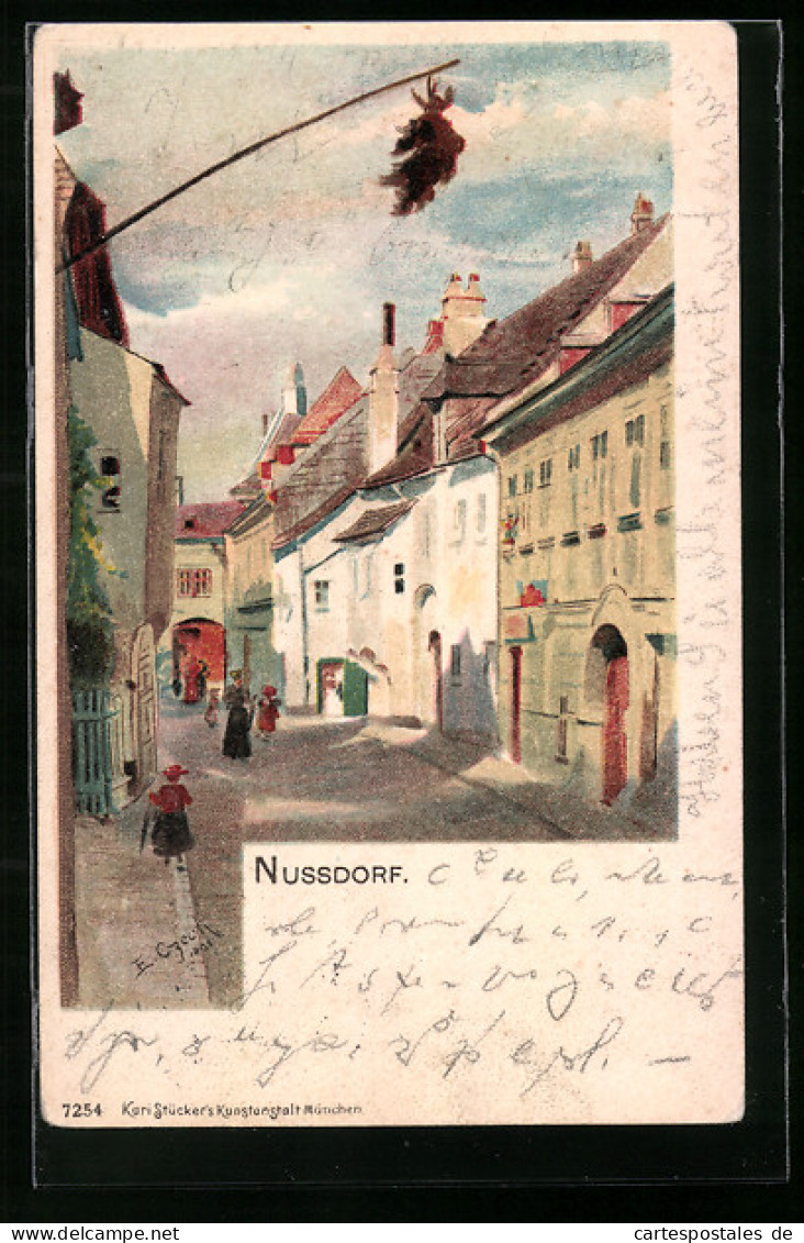 Lithographie Wien-Nussdorf, Strassenpartie Mit Passanten  - Altri & Non Classificati