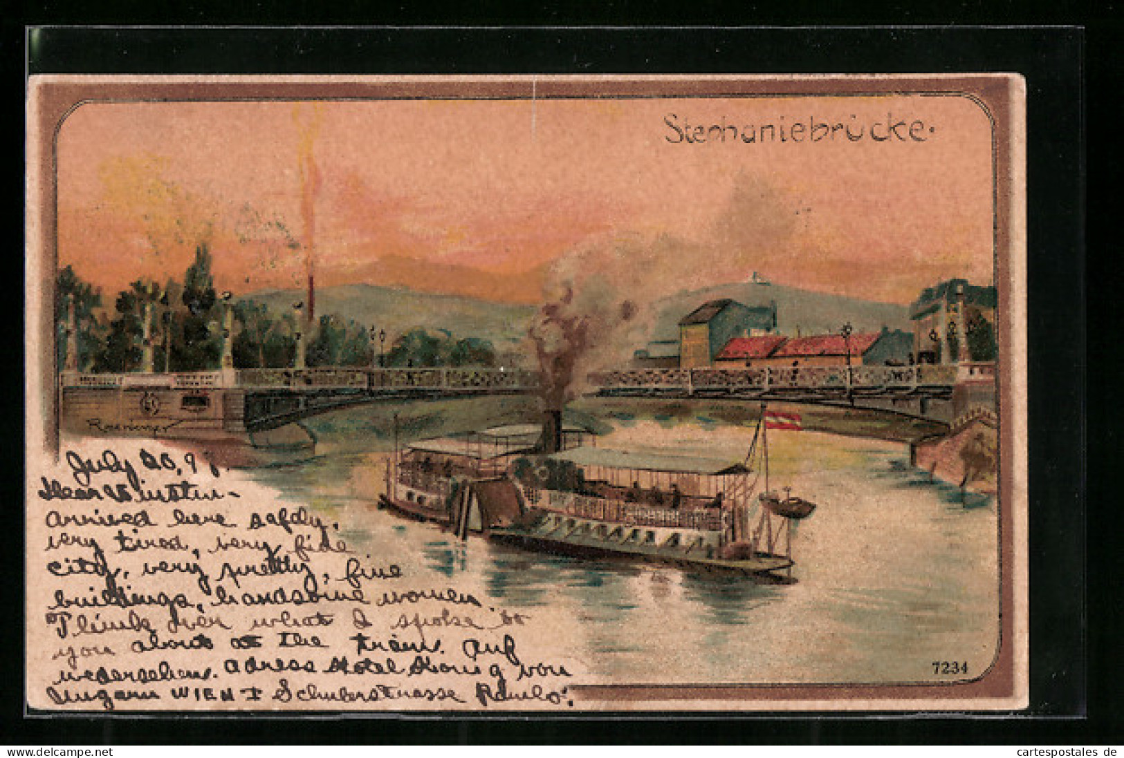 Lithographie Wien, Stephaniebrücke Mit Dampfer  - Sonstige & Ohne Zuordnung