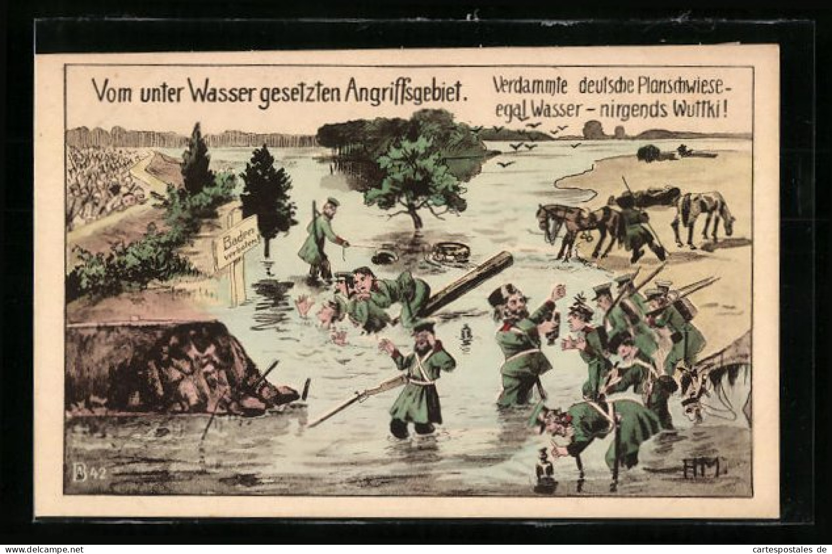 Künstler-AK Feindliche Soldaten ärgern Sich Das Die Angriffsgebiete Nicht Mit Wuttki Geflutet Wurden  - Guerre 1914-18