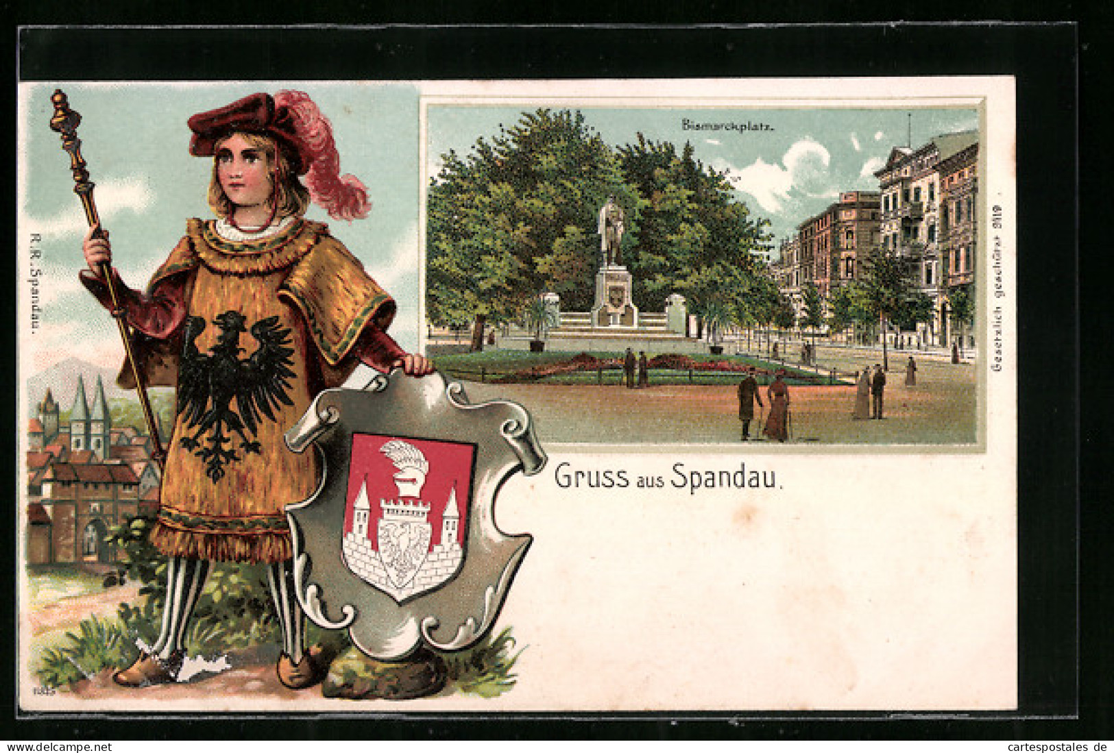Passepartout-Lithographie Berlin-Spandau, Bismarckplatz Mit Wappen  - Autres & Non Classés