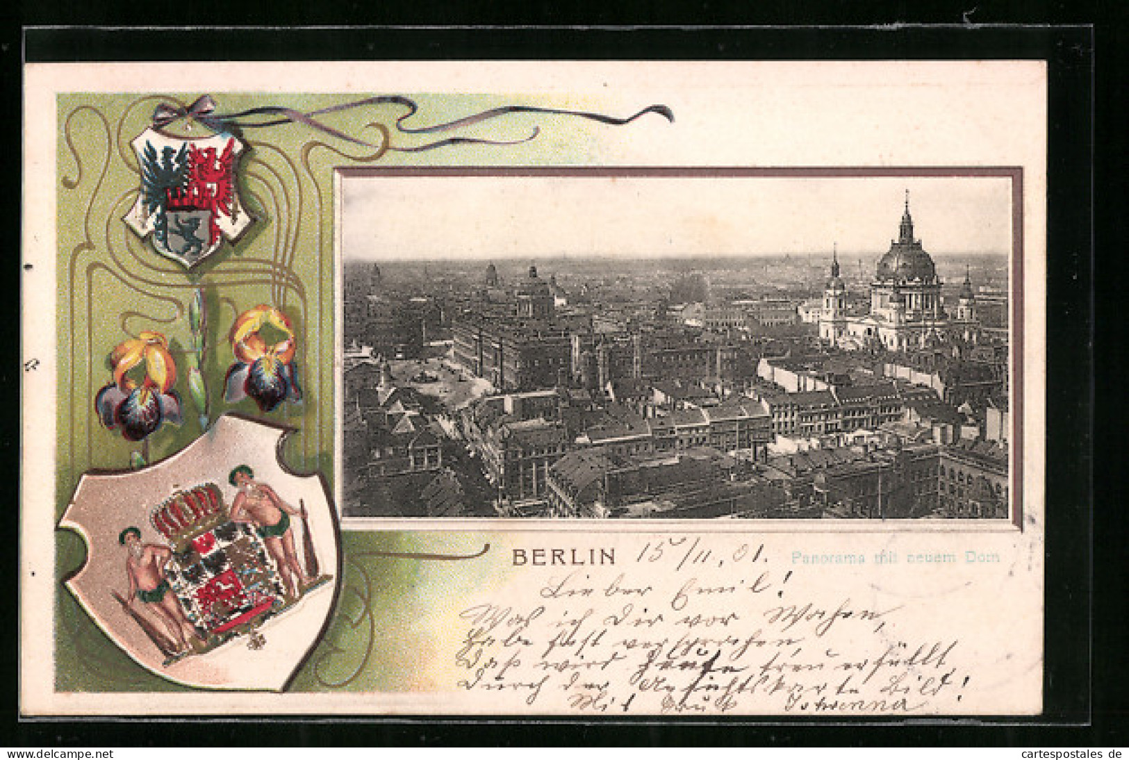 Passepartout-Lithographie Berlin, Panorama Mit Neuem Dom Und Wappen  - Autres & Non Classés
