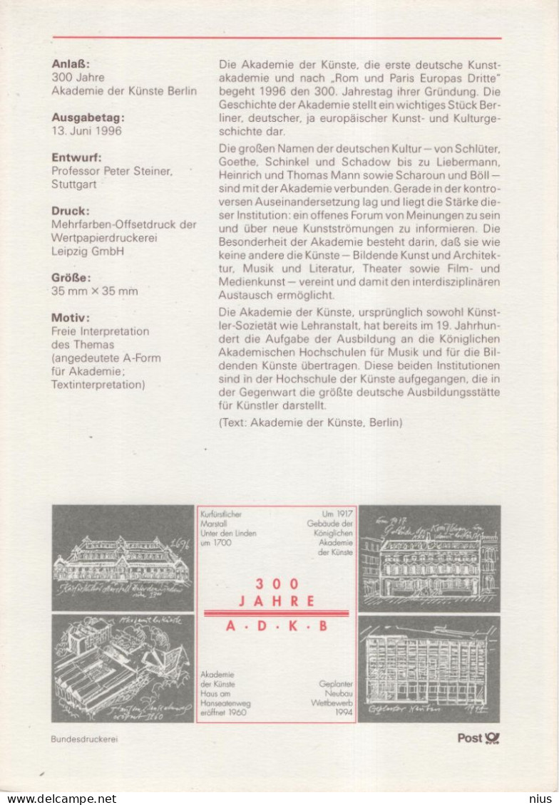 Germany Deutschland 1996-20 300 Jahre Akademie Der Kunste Berlin Academy Of Arts, Canceled In Bonn - 1991-2000