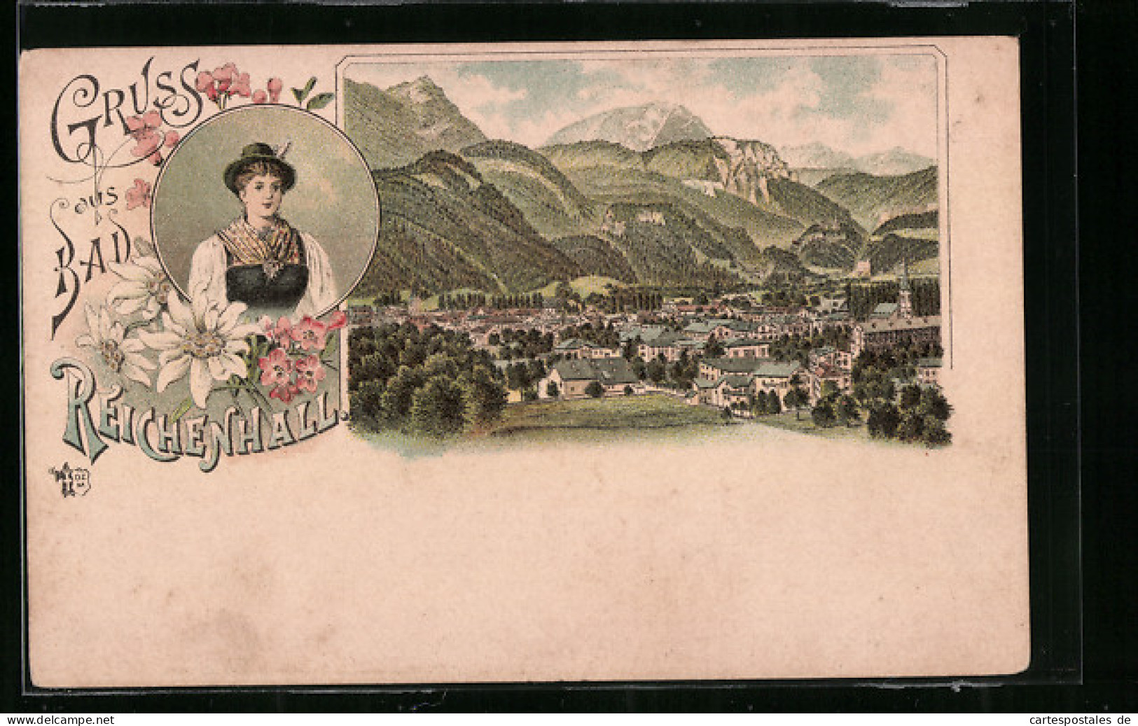 Lithographie Bad Reichenhall, Ortsansicht Und Porträt Einer Jungen Frau In Tracht  - Bad Reichenhall