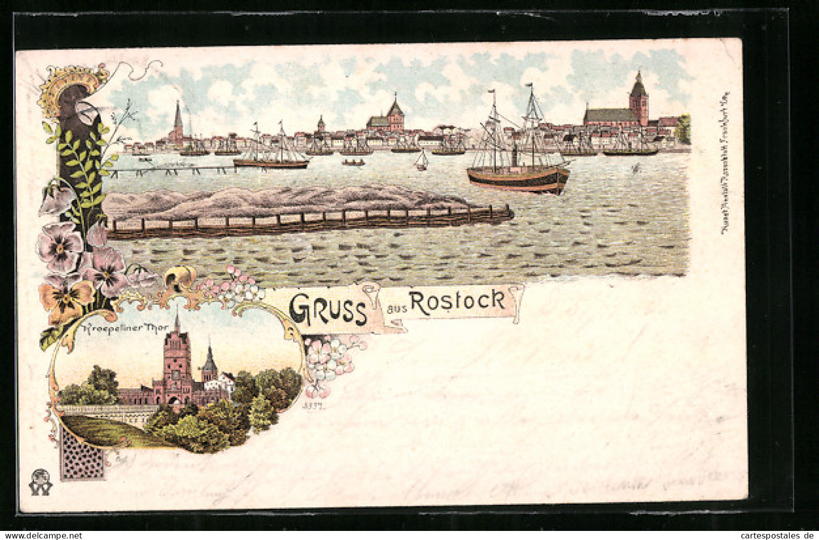 Lithographie Rostock, Kroepeliner Thor Und Flusspartie  - Rostock