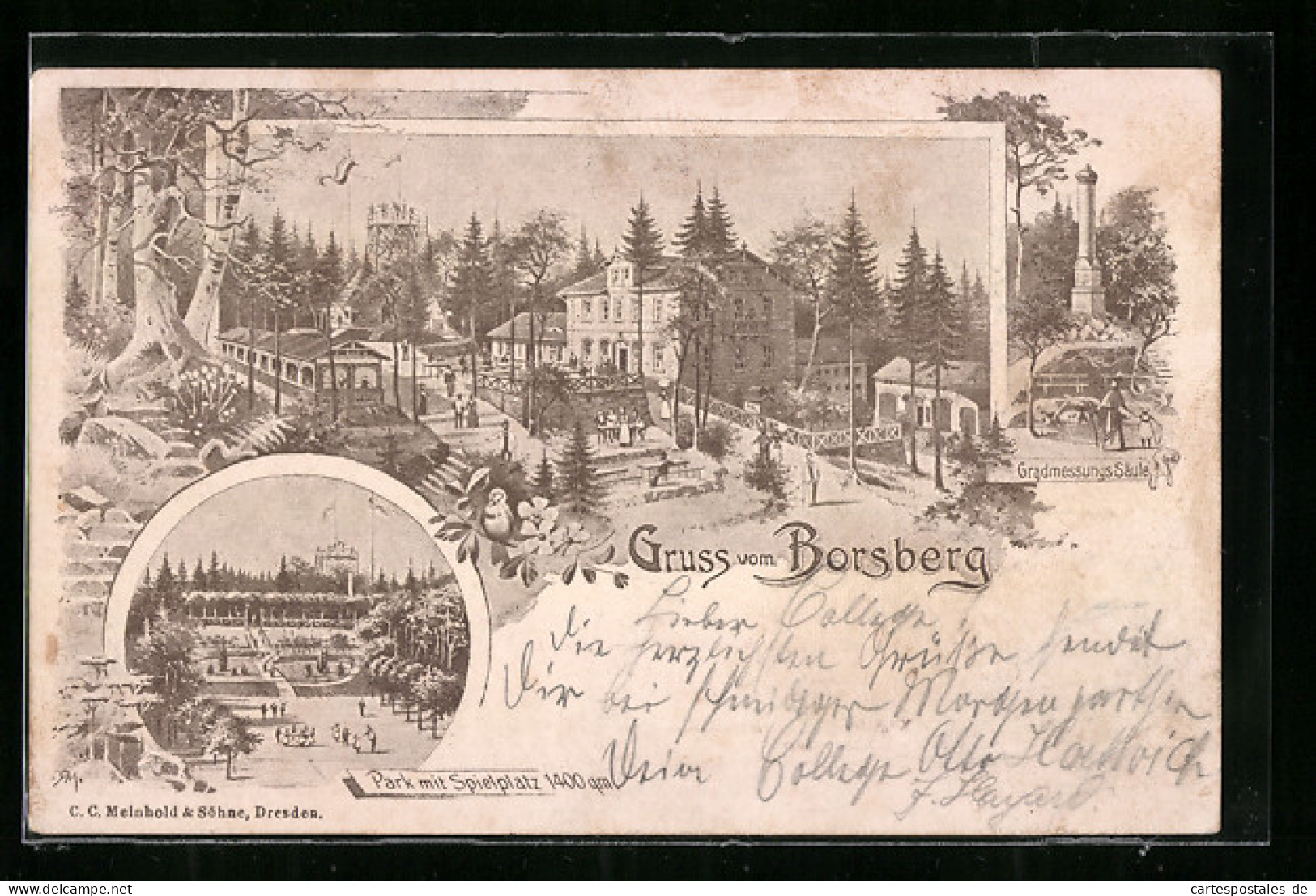 Lithographie Dresden-Pillnitz, Gasthof Borsberg, Gradmessungs-Säule  - Pillnitz