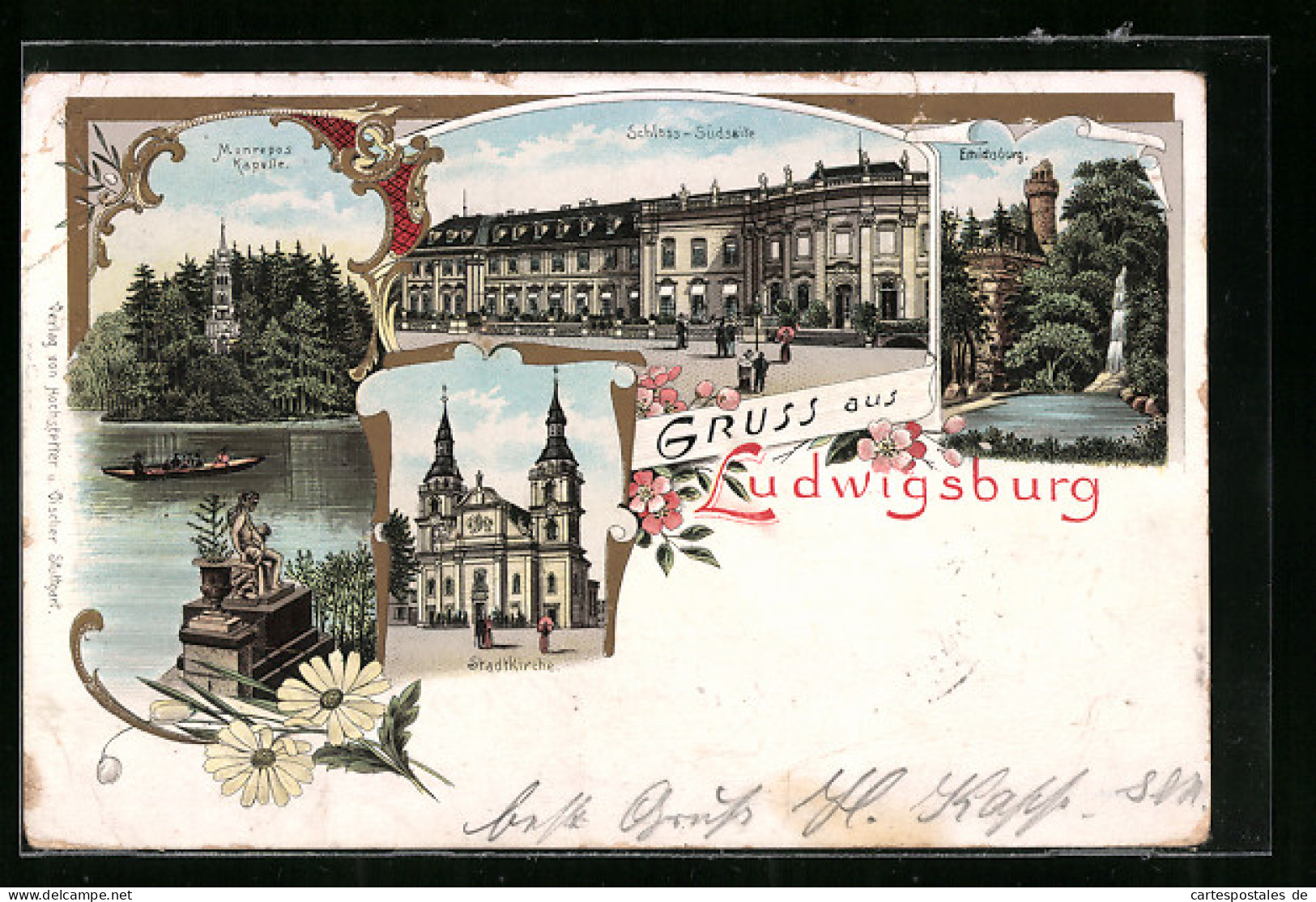 Lithographie Ludwigsburg, Schloss-Südseite, Stadtkirche, Emichsburg, Monrepos-Kapelle  - Ludwigsburg