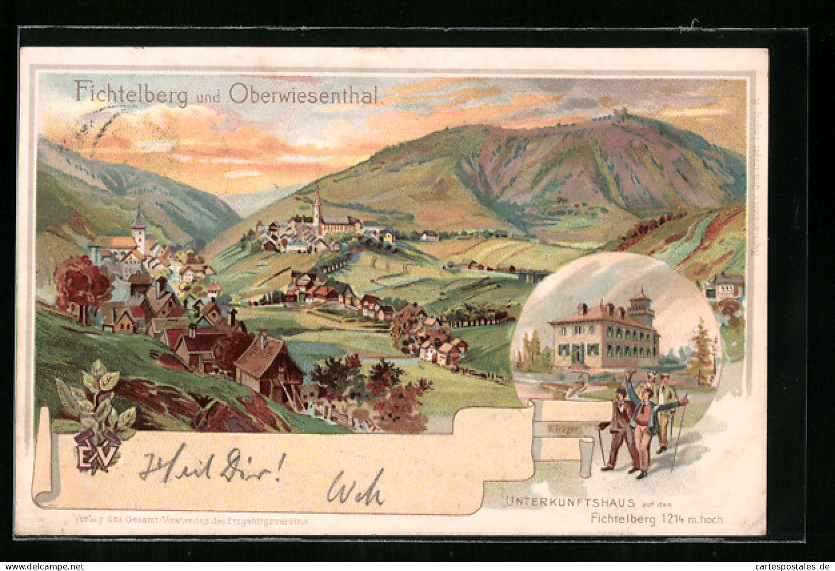 Lithographie Oberwiesenthal, Unterkunftshaus Auf Dem Fichtelberg, Panorama  - Oberwiesenthal