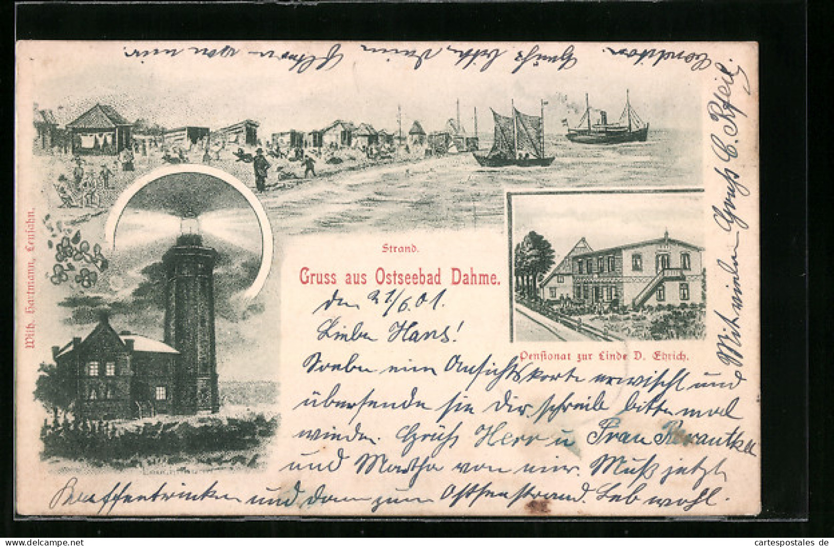 Lithographie Dahme /Ostsee, Hotel-Pensionat Zur Linde, Strandpartie Und Leuchtturm  - Dahme