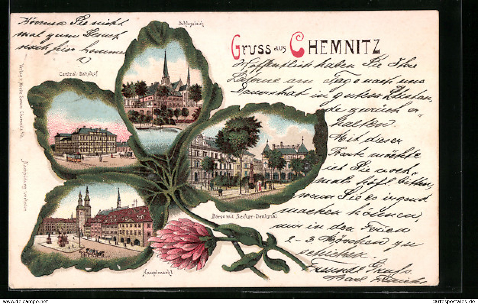 Passepartout-Lithographie Chemnitz, Central Bahnhof, Schlossteich, Börse Mit Becker-Denkmal Und Hauptmarkt  - Other & Unclassified