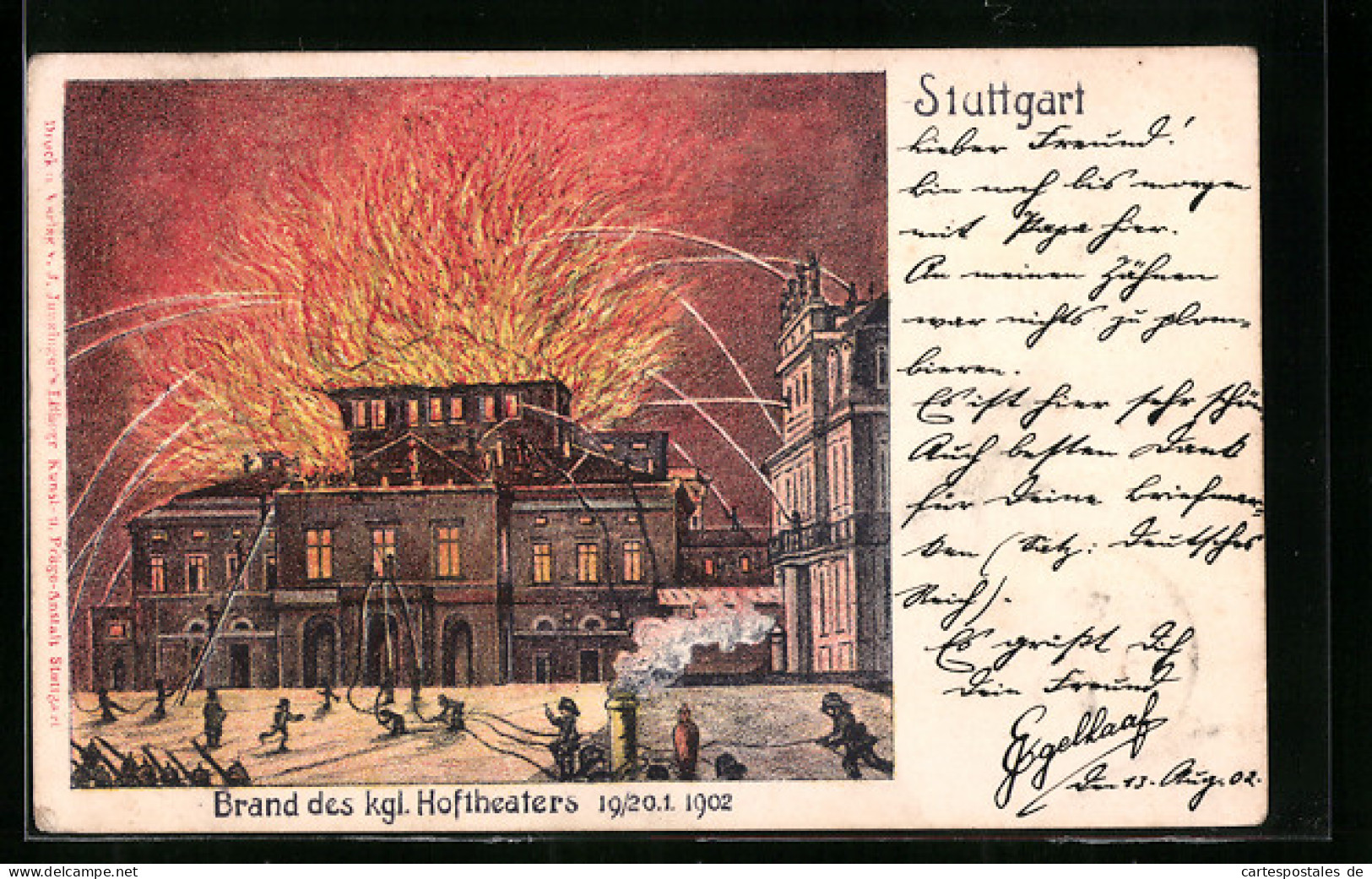 Lithographie Stuttgart, Brand Des Kgl. Hoftheaters 19 /20.01.1902  - Rampen
