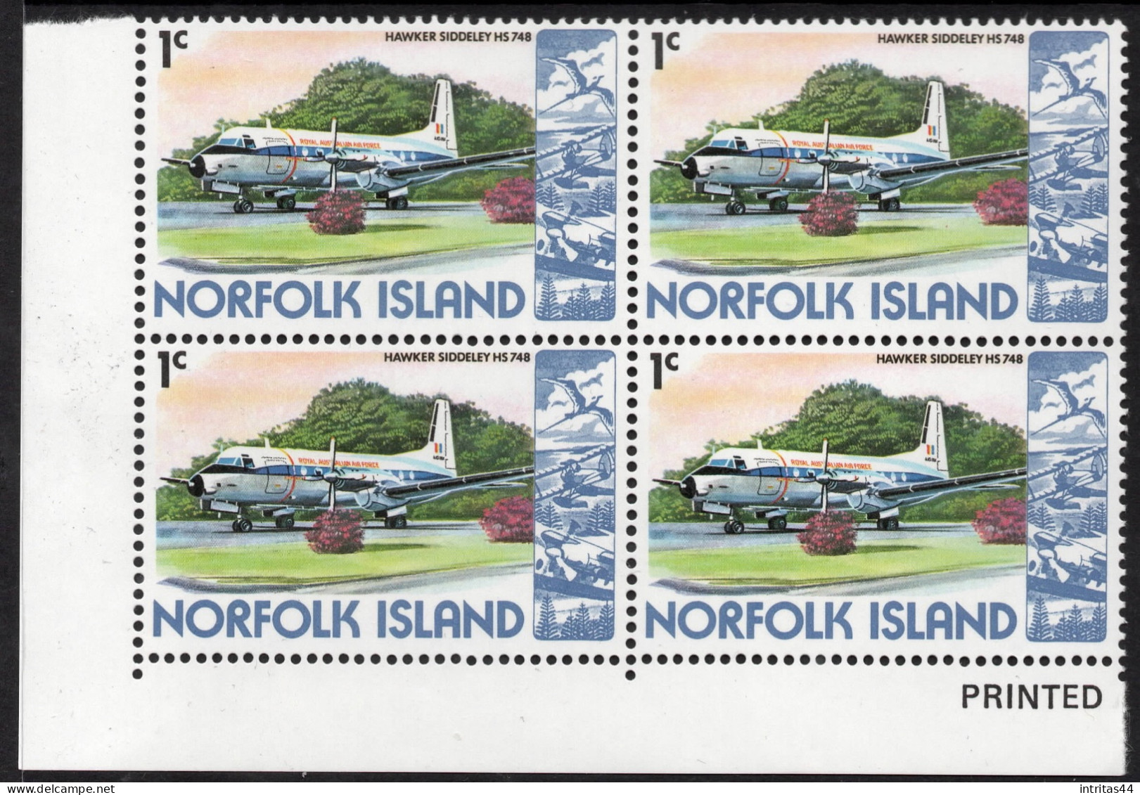 NORFOLK ISLAND 1980 " 1c HAWKER SIDDELEY HS.748 IMPRINT PLATE BLOCK OF (4)  MNH - Isola Norfolk