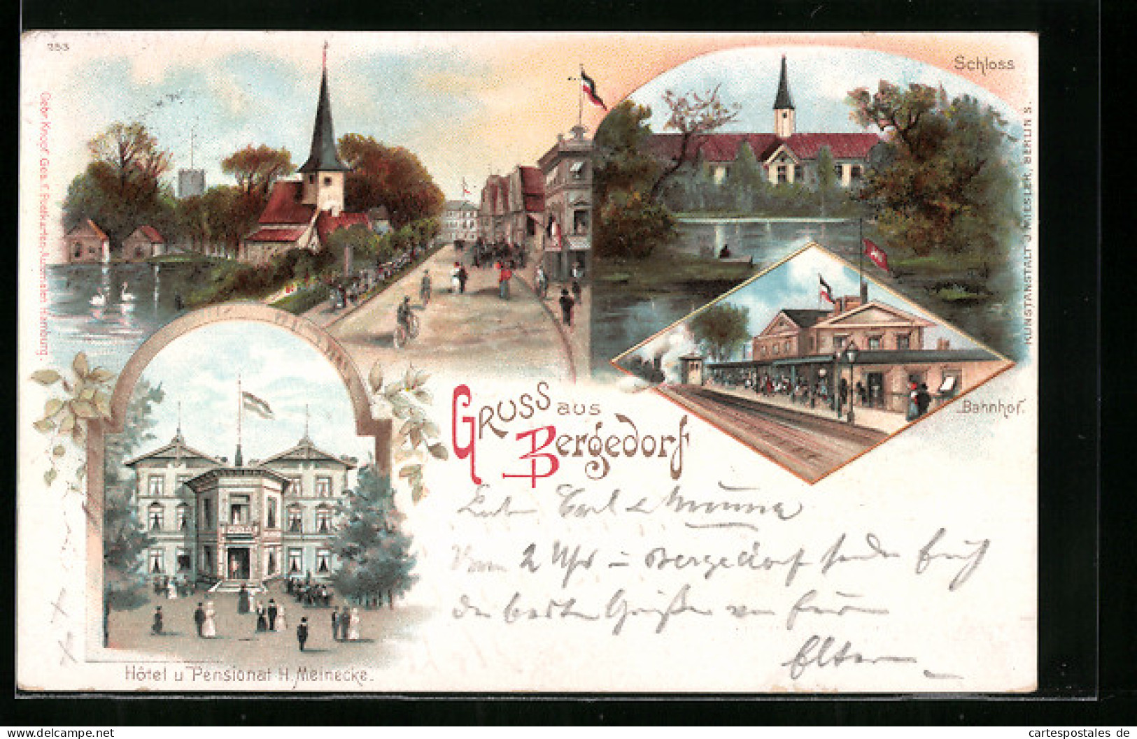 Lithographie Hamburg-Bergedorf, Hotel Und Pensionat H. Meinecke, Schloss, Bahnhof  - Bergedorf