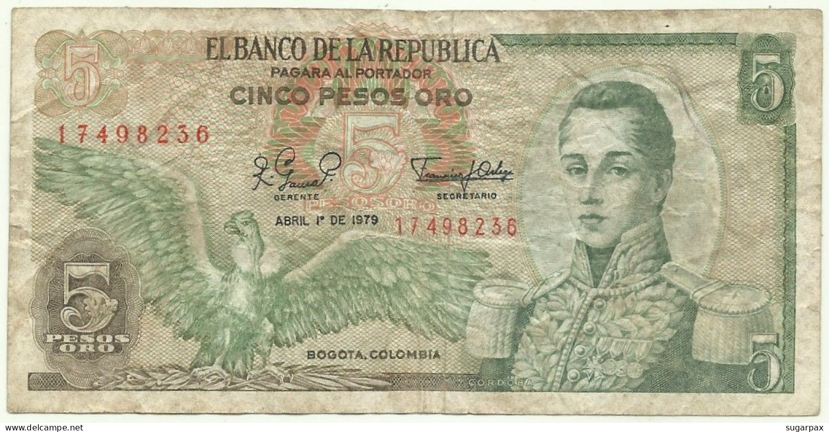 Colombia - 5 Pesos Oro - 1979.04.01 - Pick 406.f - José Maria Córdoba - Colombia