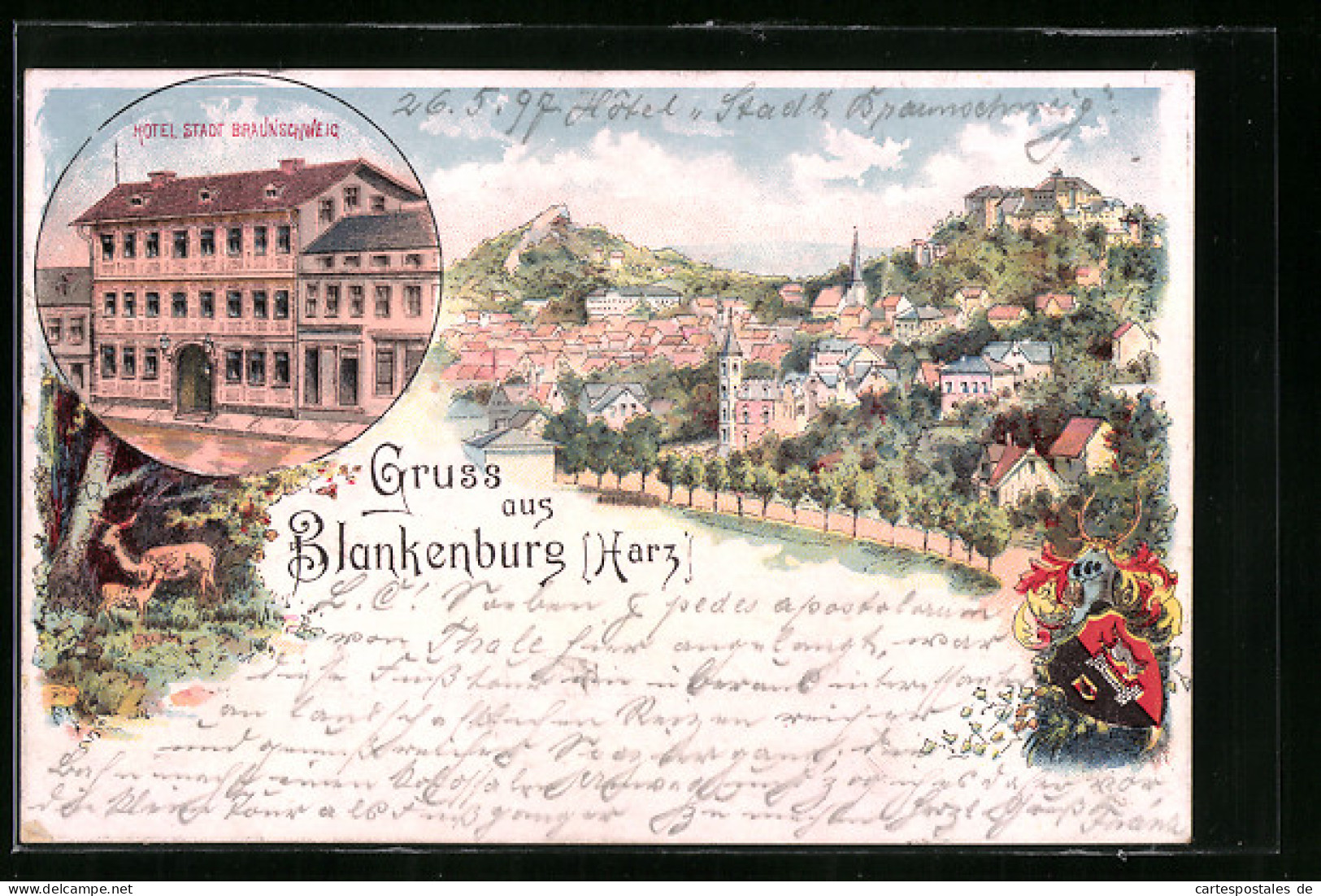 Lithographie Blankenburg /Harz, Hotel Stadt Braunschweig, Wappen  - Blankenburg