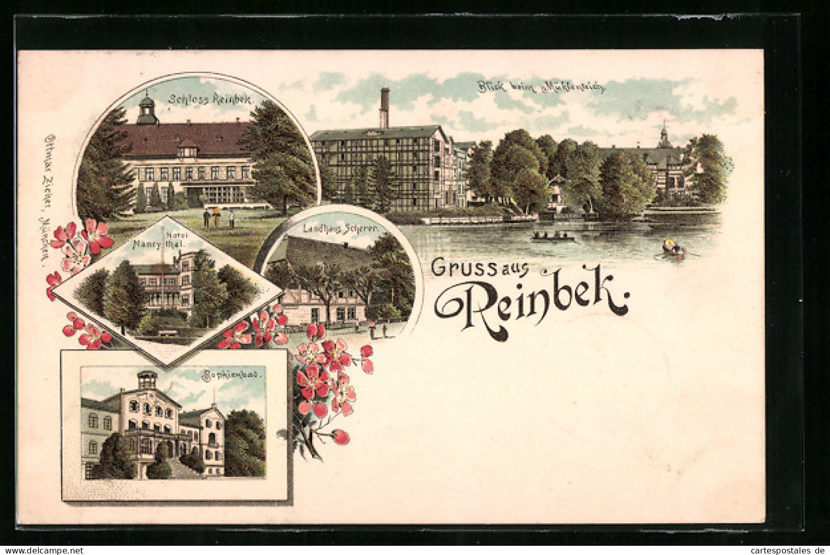 Lithographie Reinbek, Schloss Reinbek, Gasthaus Landhaus Scherer, Sophienbad  - Reinbek