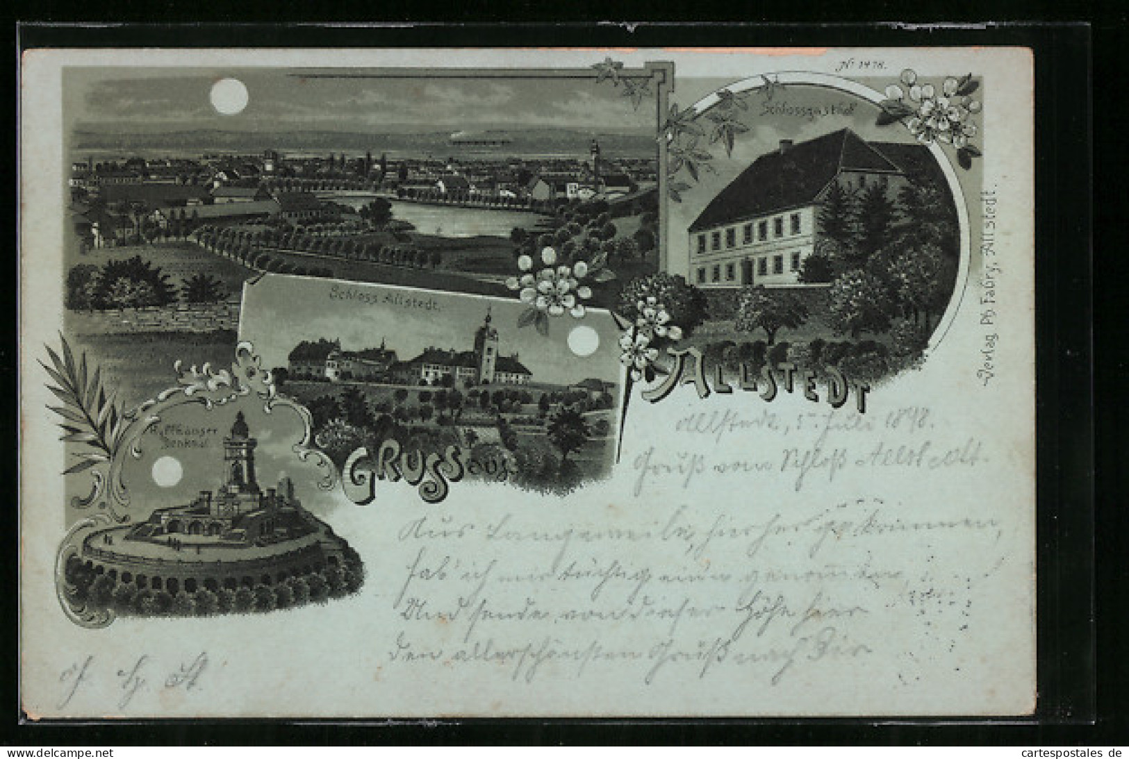 Mondschein-Lithographie Allstedt, Panorama, Schlossgasthof, Kyffhäuser Denkmal  - Kyffhäuser