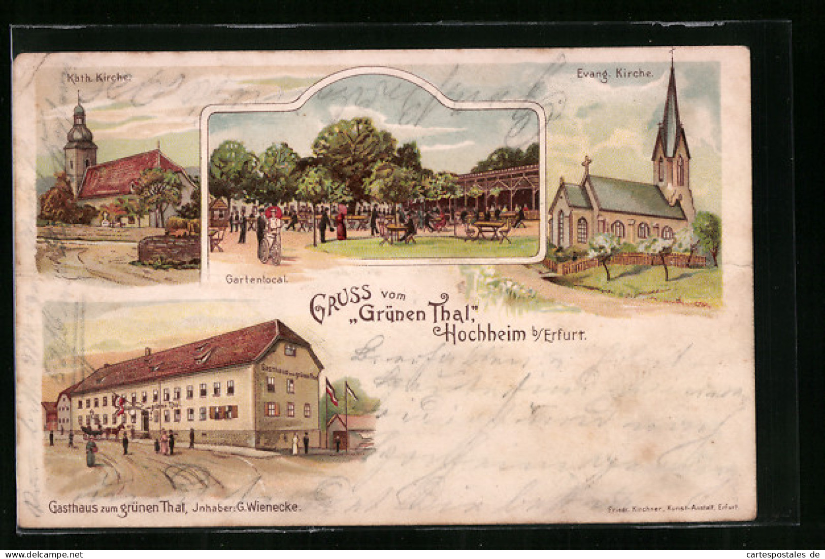 Lithographie Hochheim B. Erfurt, Gasthaus Zum Grünen Tal, Gartenlokal, Katholische Kirche, Evang. Kirche  - Erfurt