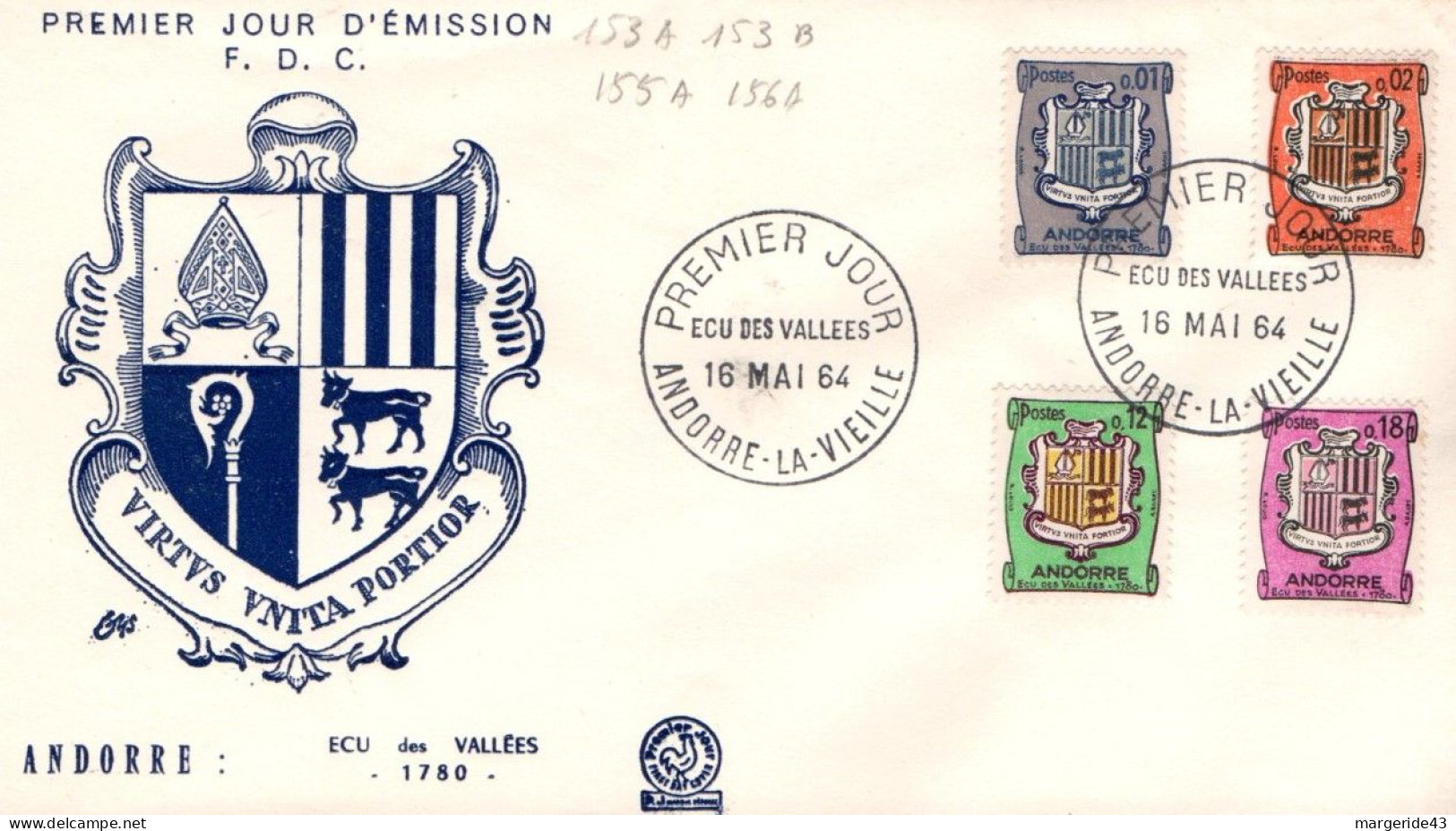 ANDORRE FDC 1964 ECU DES VALLEES - FDC