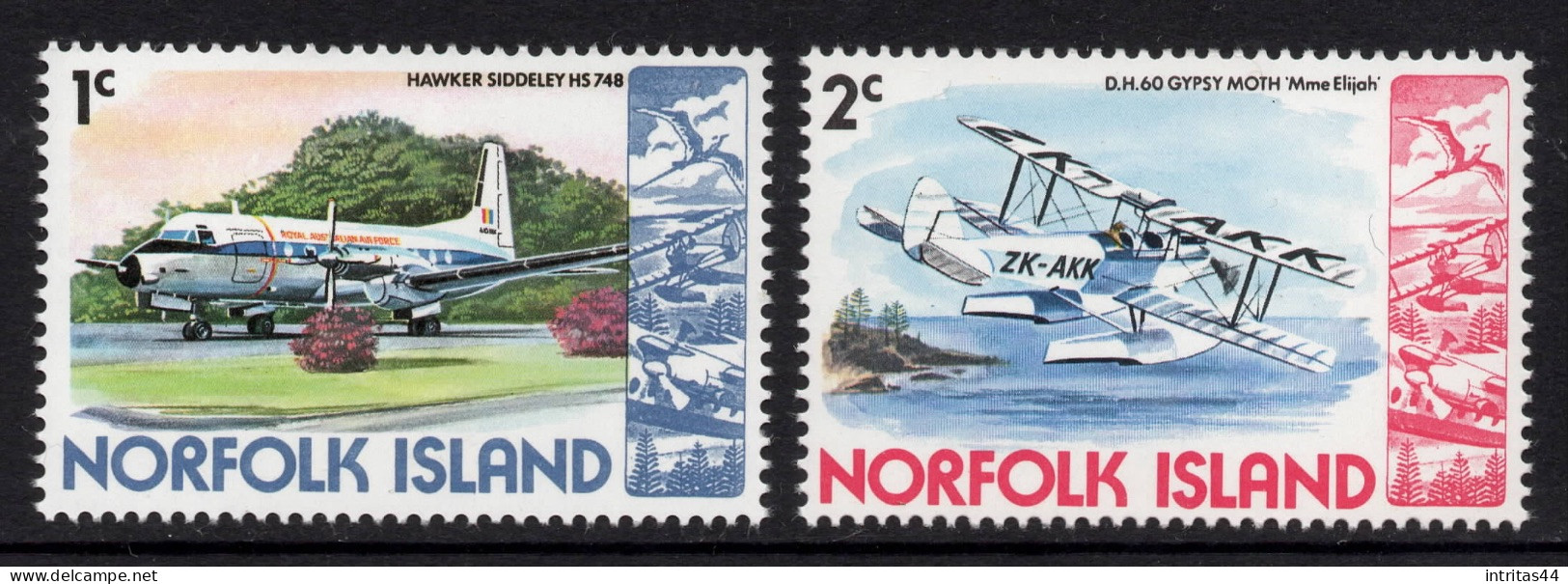 NORFOLK ISLAND 1980 " 1c HAWKER SIDDELEY HS.748 AND 2c De HAVILLAND DH.60G,GIPSY MOTH STAMPS  MNH - Ile Norfolk