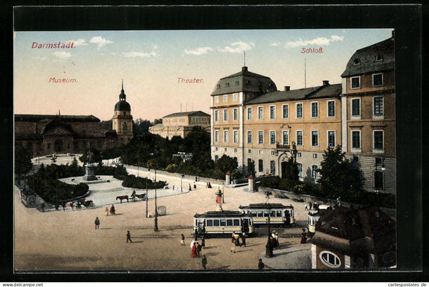 AK Darmstadt, Museum, Schloss Und Theater Mit Strassenbahn  - Tramways