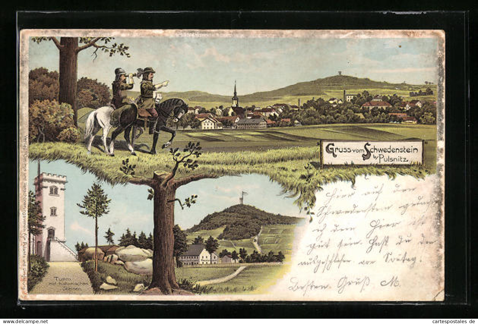 Lithographie Pulsnitz, Turm Mit Historischen Steinen Und Blick Auf Den Schwedenstein  - Pulsnitz