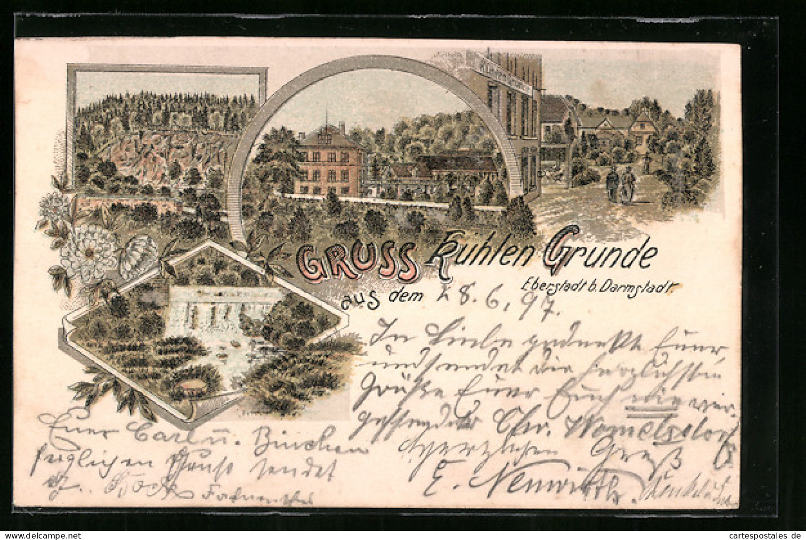 Lithographie Eberstadt, Gasthaus Kühler Grund, Wasserfall  - Sonstige & Ohne Zuordnung