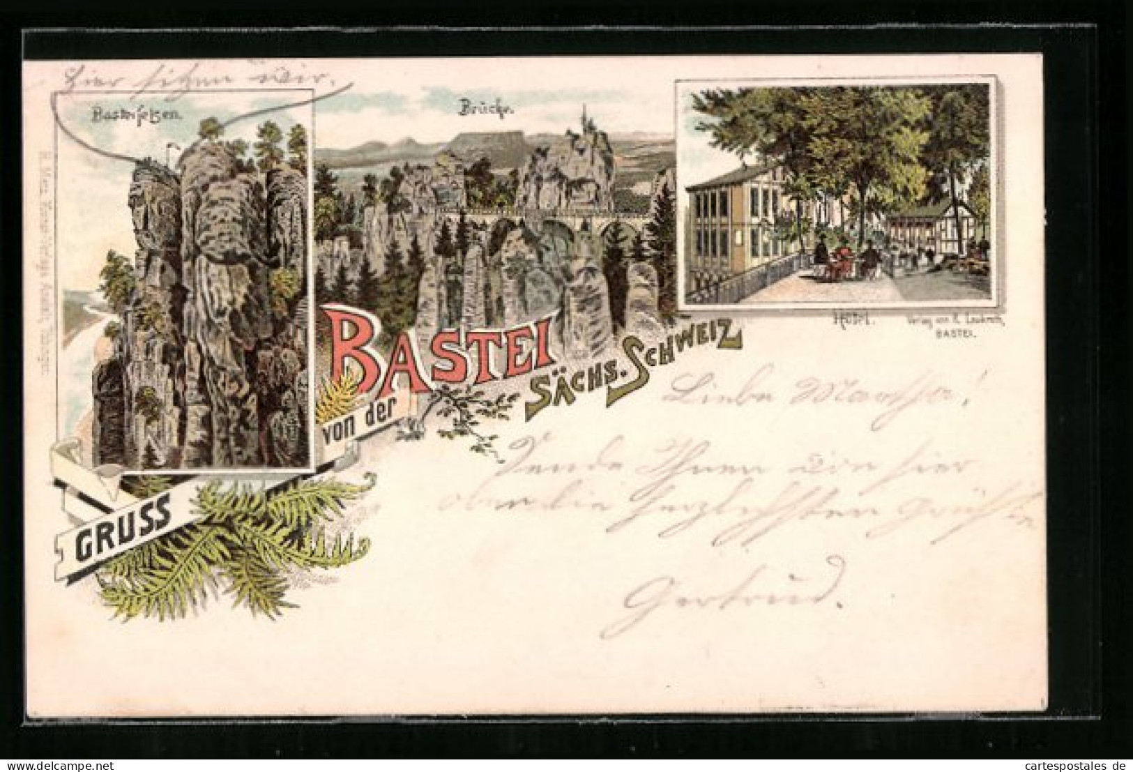 Vorläufer-Lithographie Bastei, Hotel, Basteifelsen, Brücke, 1895  - Bastei (sächs. Schweiz)