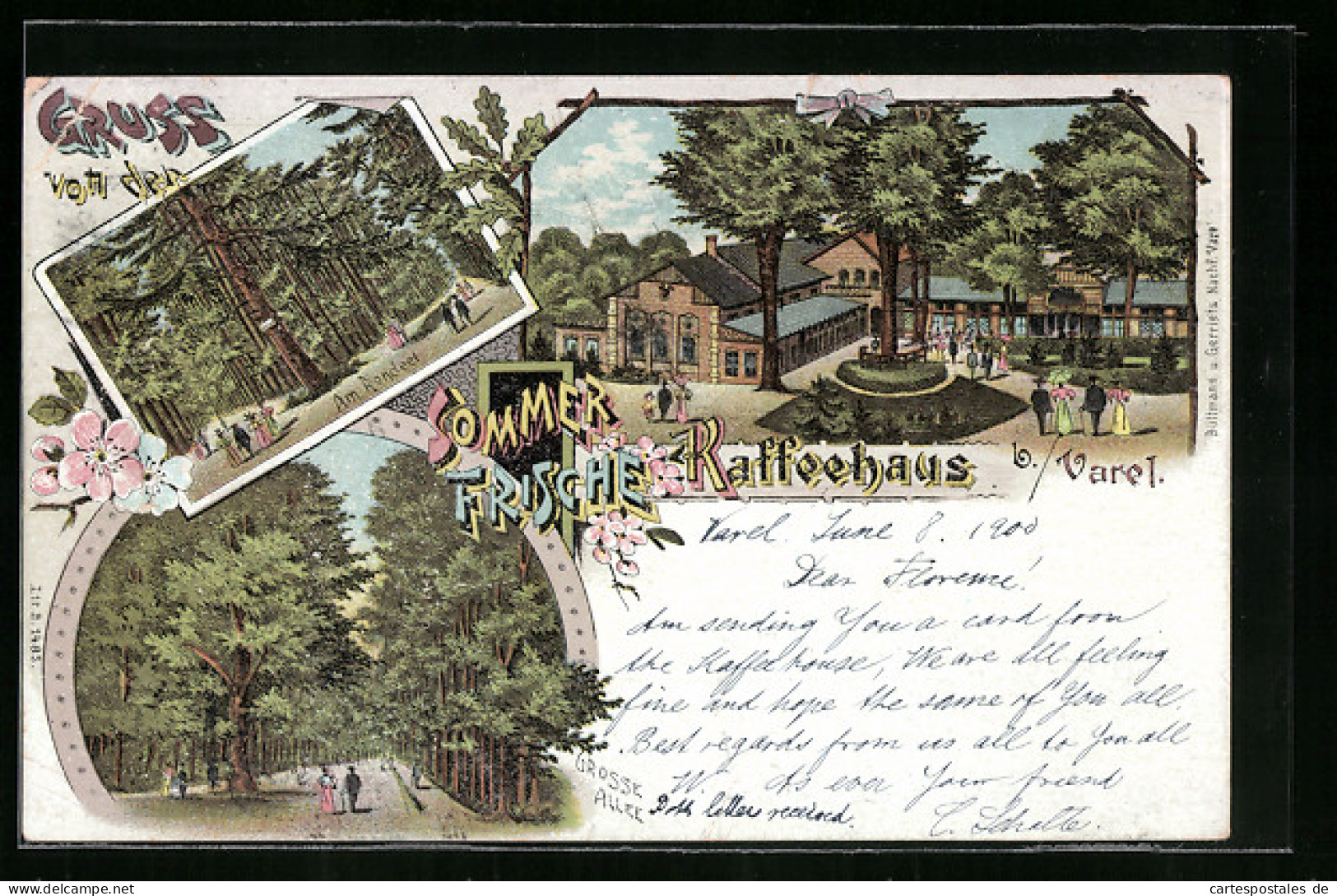 Lithographie Varel, Gasthaus Kaffeehaus Im Sommer, Am Rondeel, Grosse Allee, Spaziergänger  - Varel